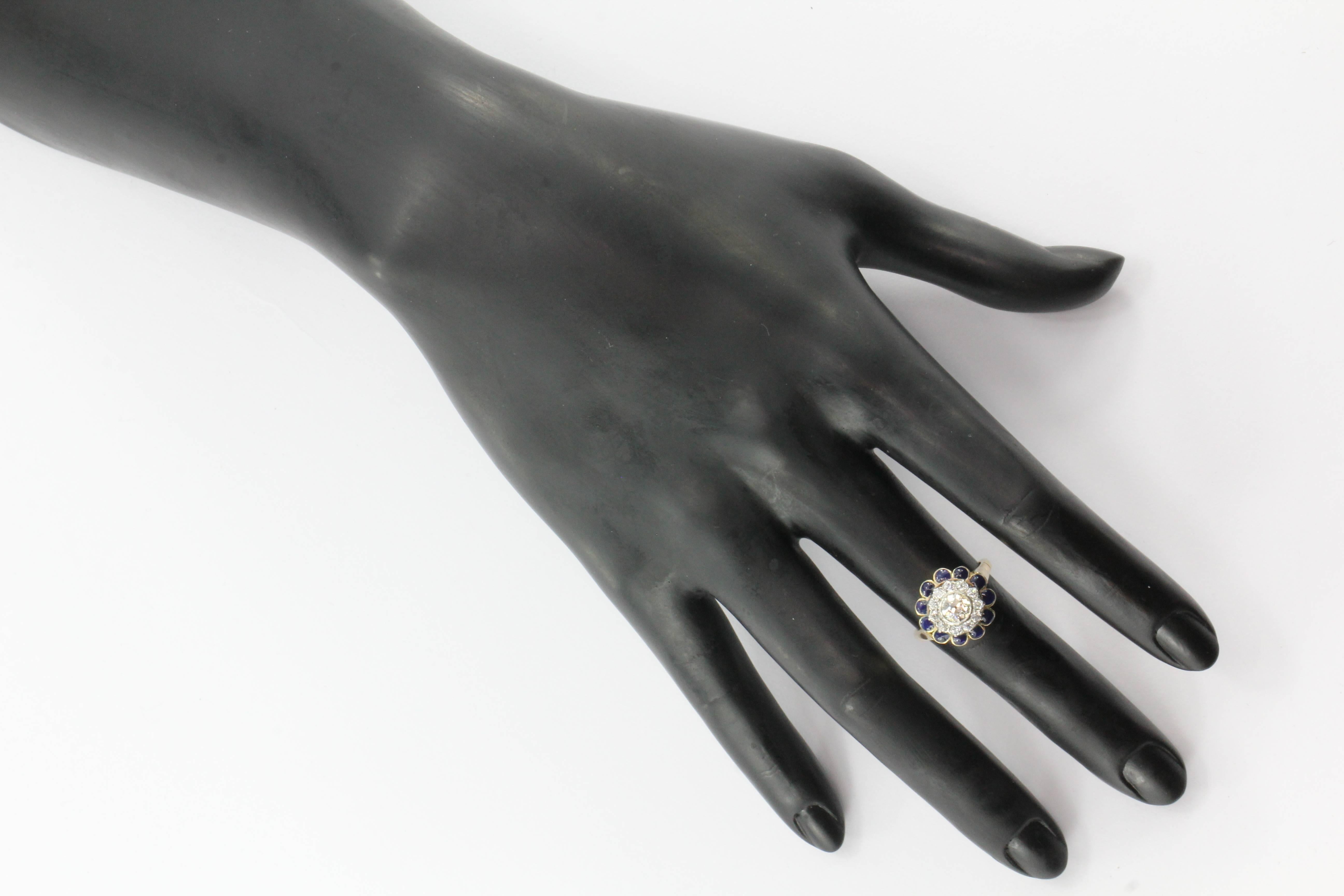 Art Deco 14K Gold Old European Cut Diamond and Blue Enamel Ring 3