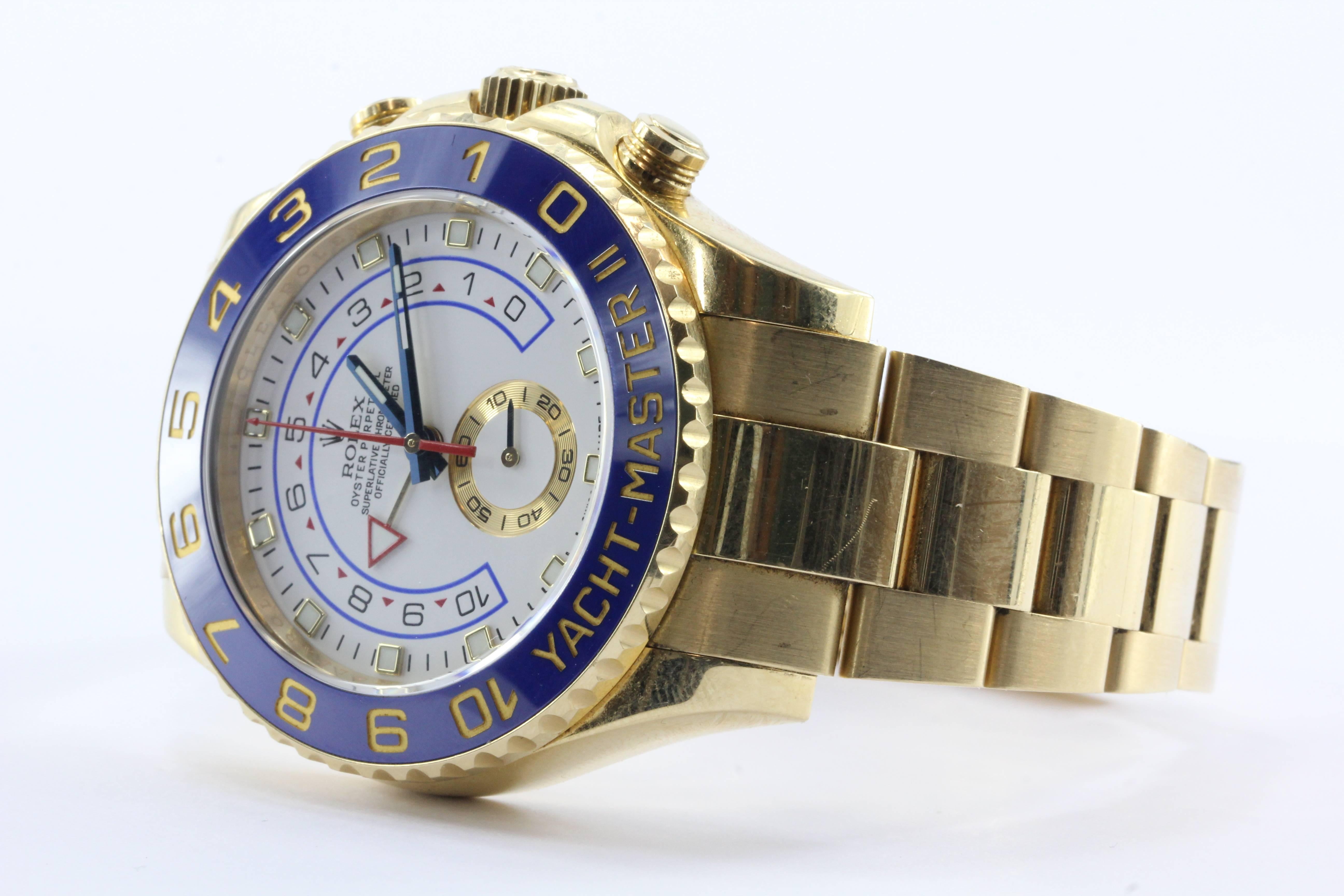 Rolex Yacht Master II 18K Gold Oyster Automatic Men's White Dial Watch 116688WAO. The watch is in excellent used estate condition, running great and ready to wear. It comes with its original box but no paperwork. It does come with a Jewelry Judge