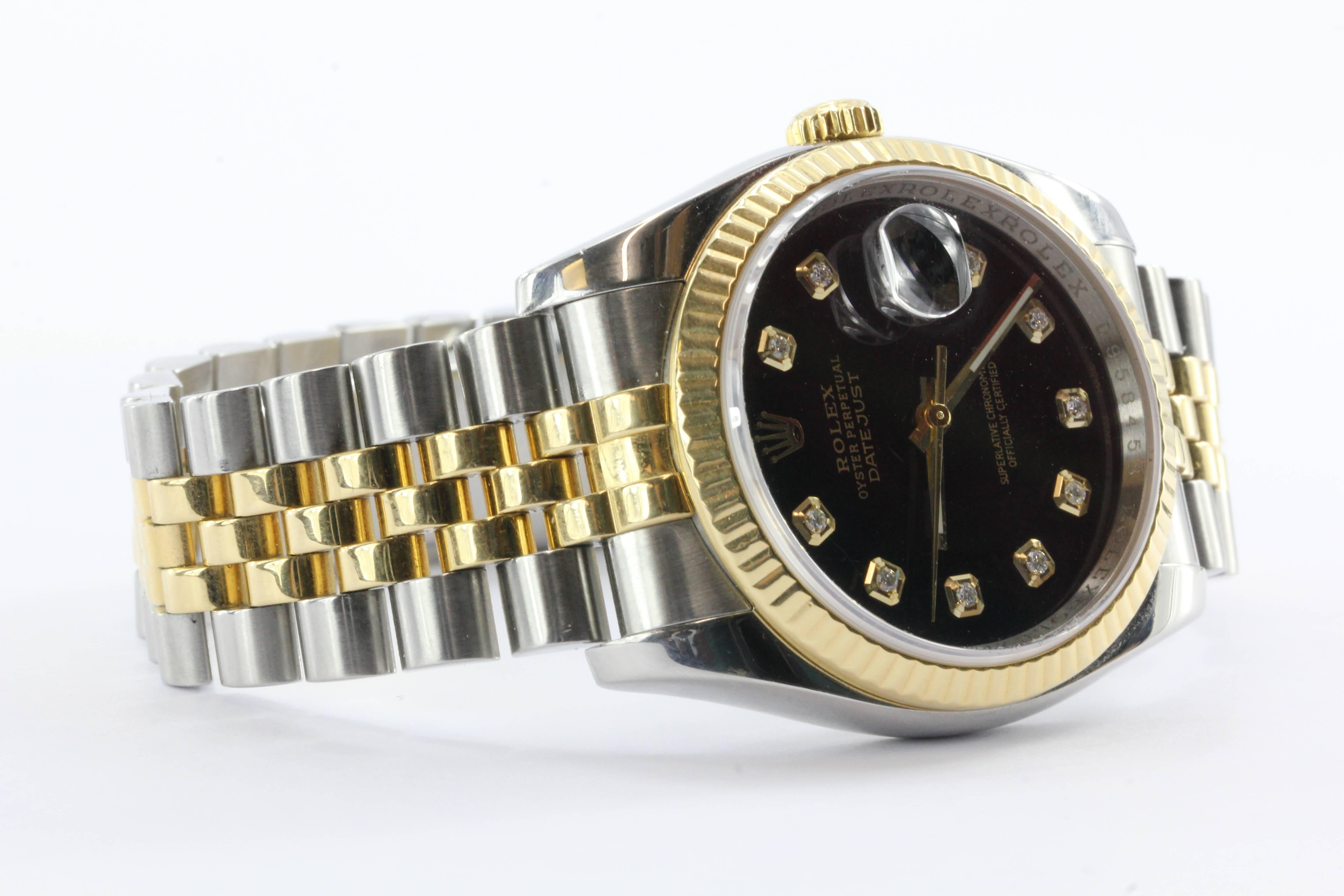 Rolex Yellow Gold Stainless Steel Diamond Oyster Perpetual Automatic Wristwatch  In Excellent Condition In Cape May, NJ