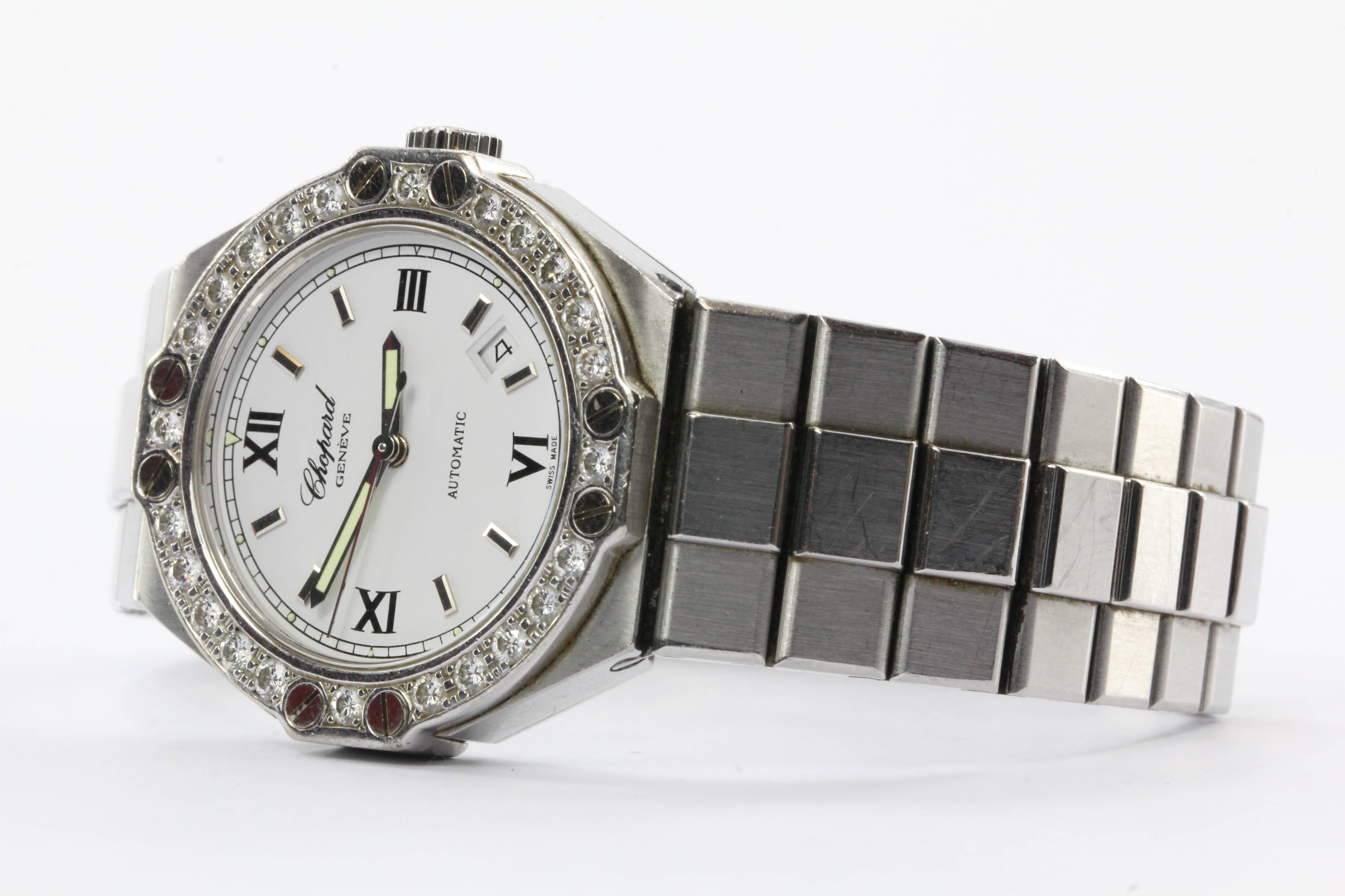 Chopard St. Moritz Diamond Bezel Steel Automatic Swiss Ladies Watch. The watch is in great used estate condition and ready to wear. It is running great and keepinless teeing time. The watch does exhibit signs of use. It does not come with its box or