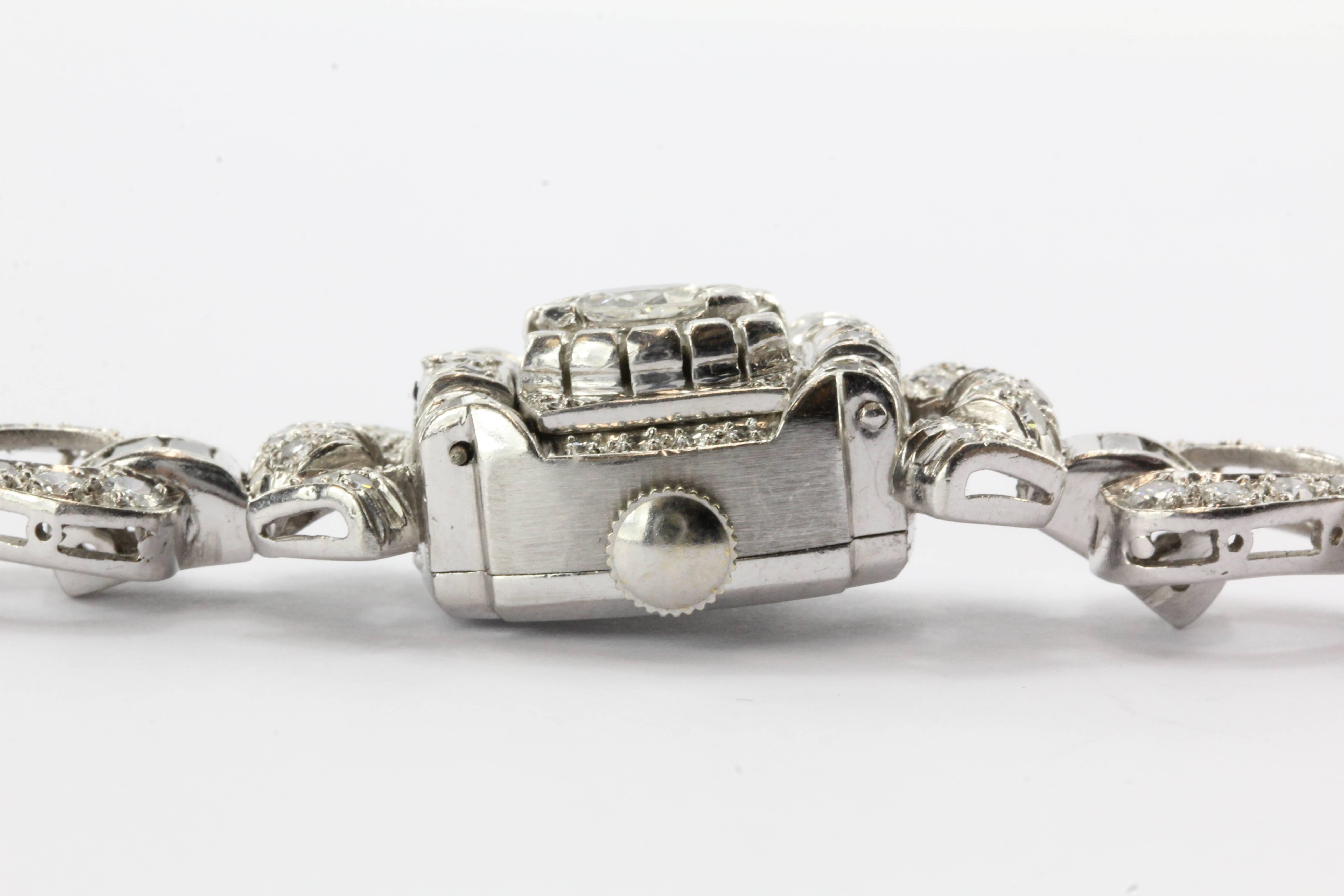 Hamilton Ladies Art Deco Platinum Diamond Bracelet Wristwatch 2