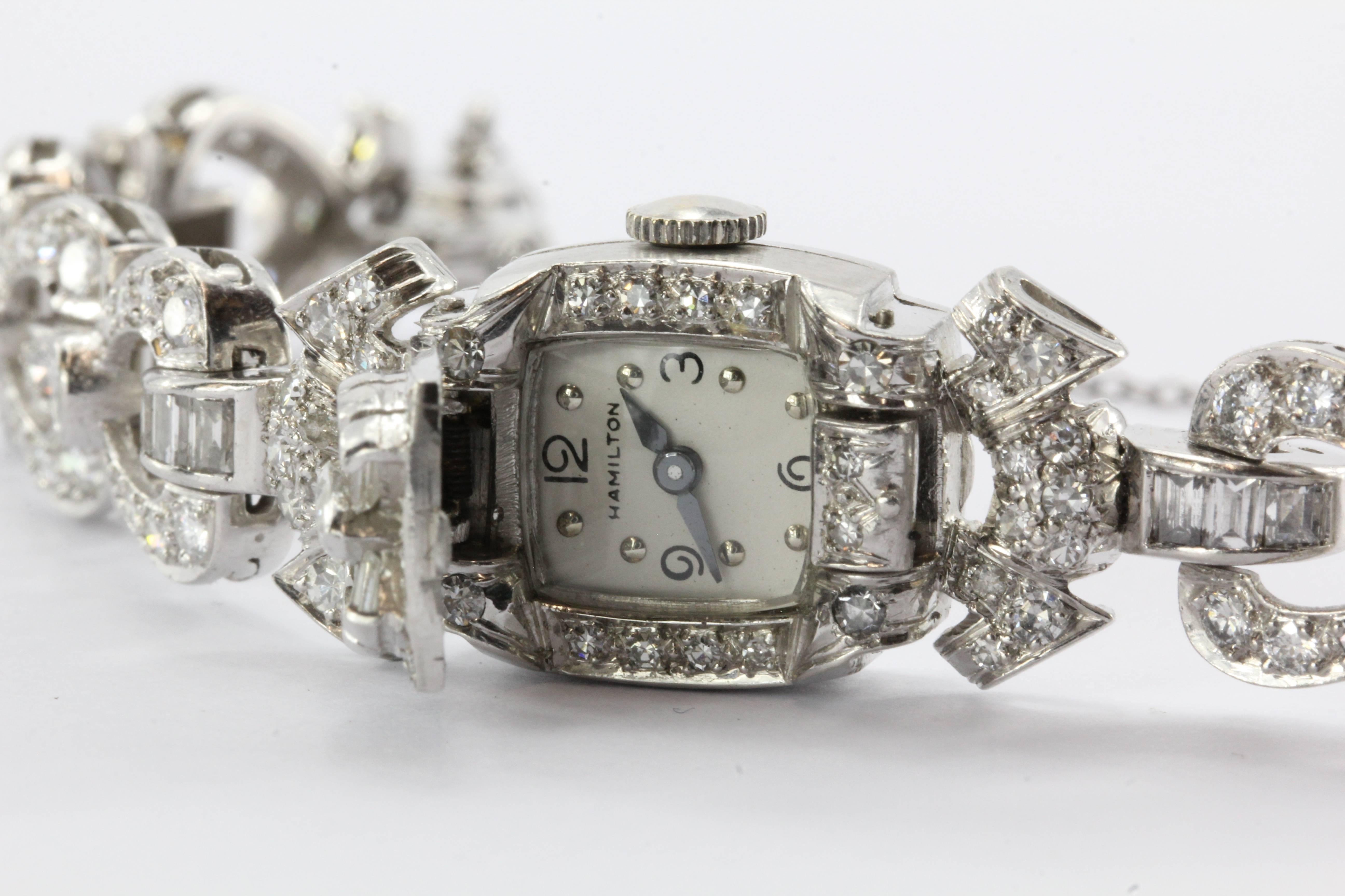 Hamilton Ladies Art Deco Platinum Diamond Bracelet Wristwatch 5
