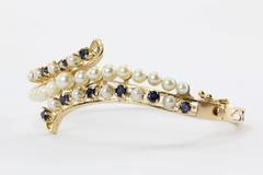 Victorian Revival Style Circa 1950's 14K Gold Pearl Sapphire Bangle Bracelet