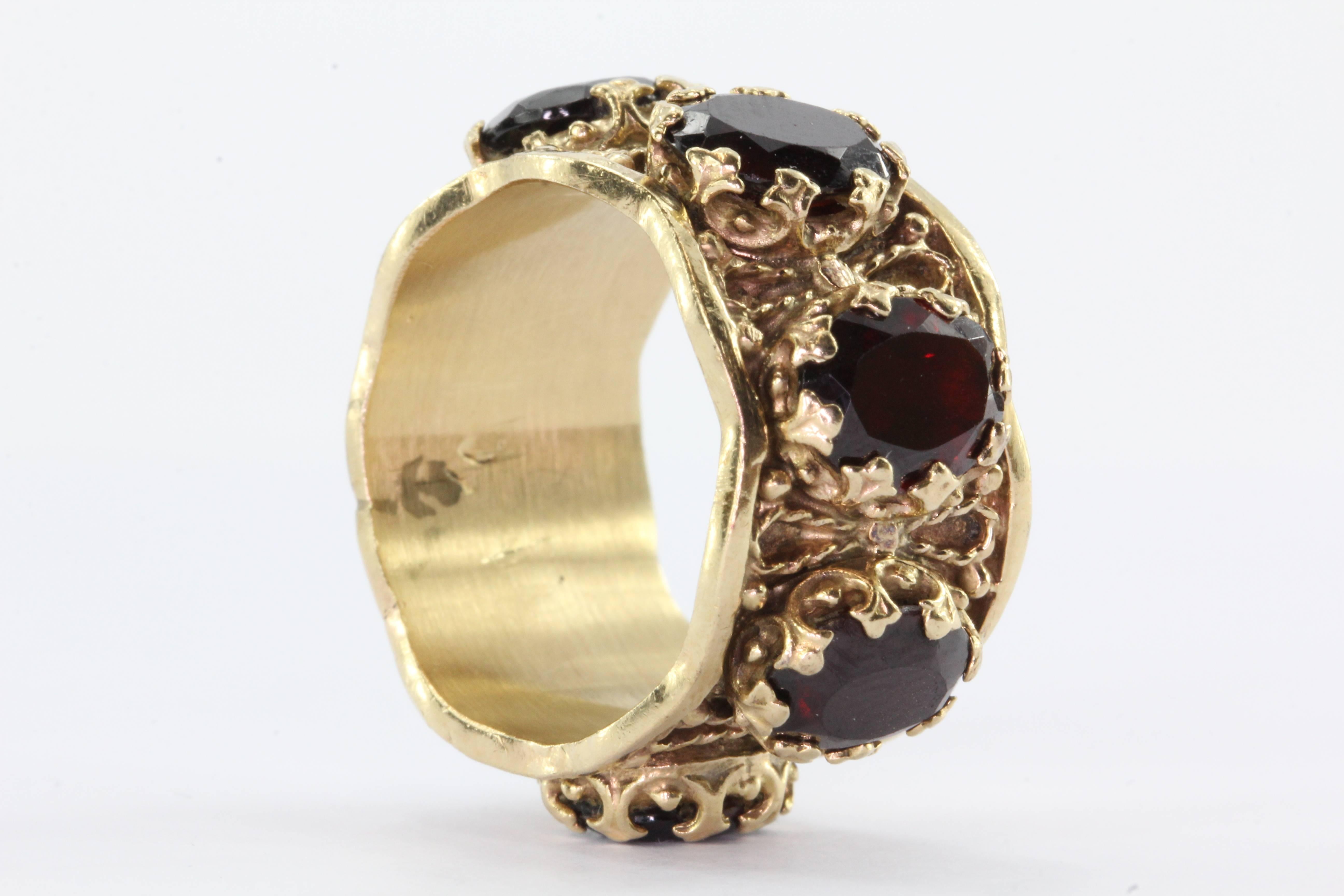 Oval Cut Gothic Revival Chunky 14K Gold Garnet Eternity Band Ring