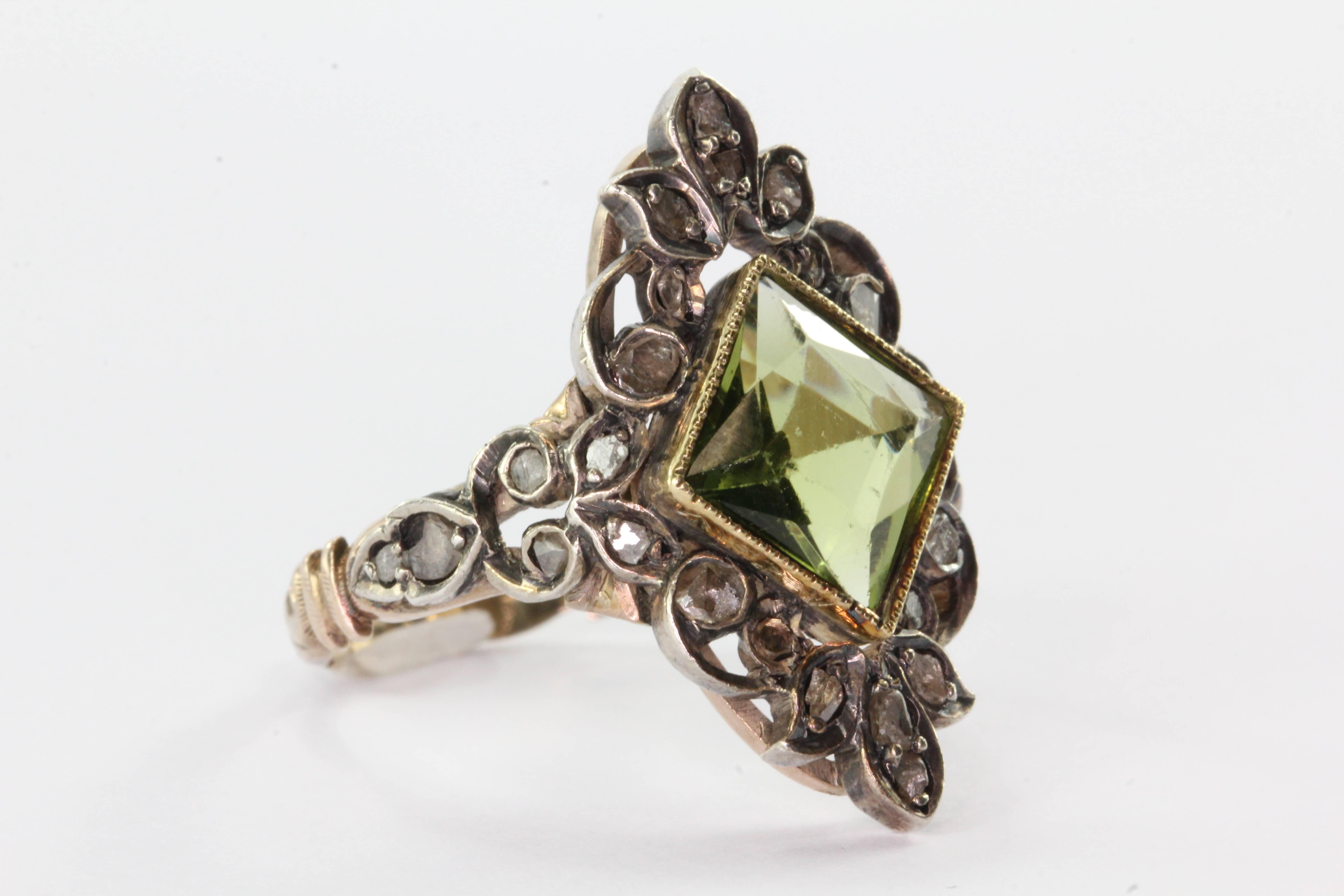 1810 Georgian Rose Cut Diamond Green Paste Silver Gold Ring In Excellent Condition In Cape May, NJ