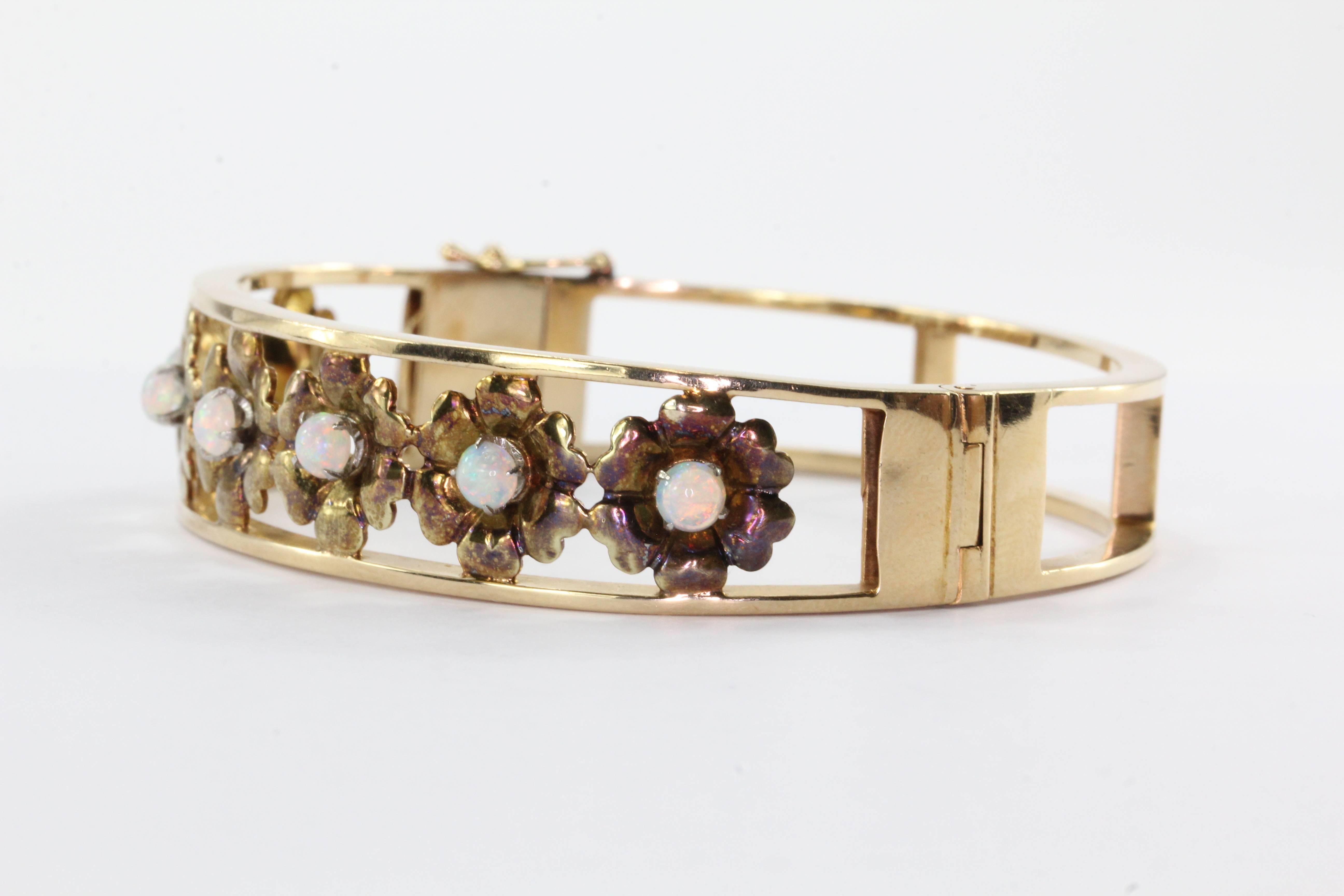 Retro 1960s Opal Gold Floral Bangle Bracelet