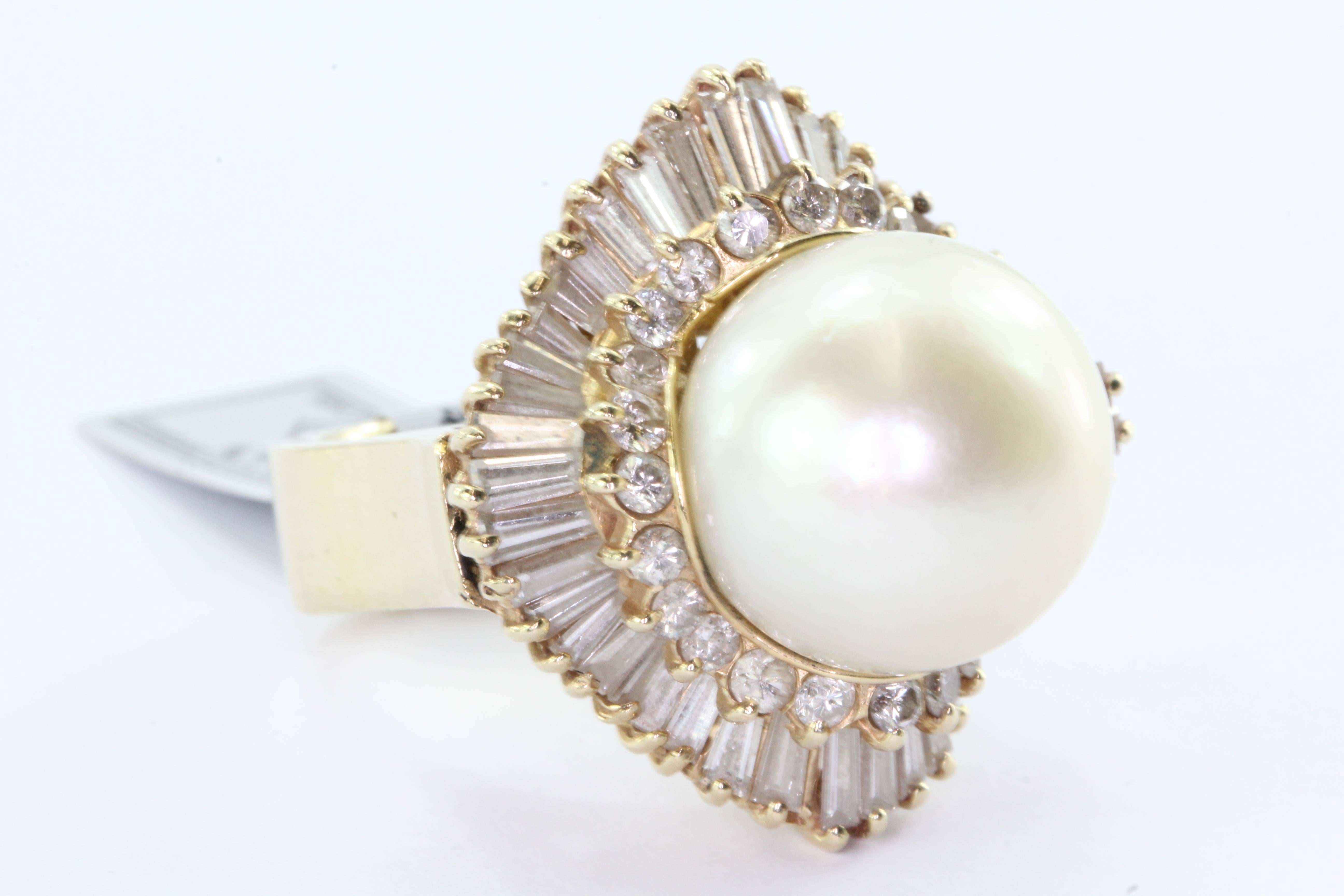 Baguette Cut Large Round Cream Rose Pearl Diamond Gold Halo Ring 