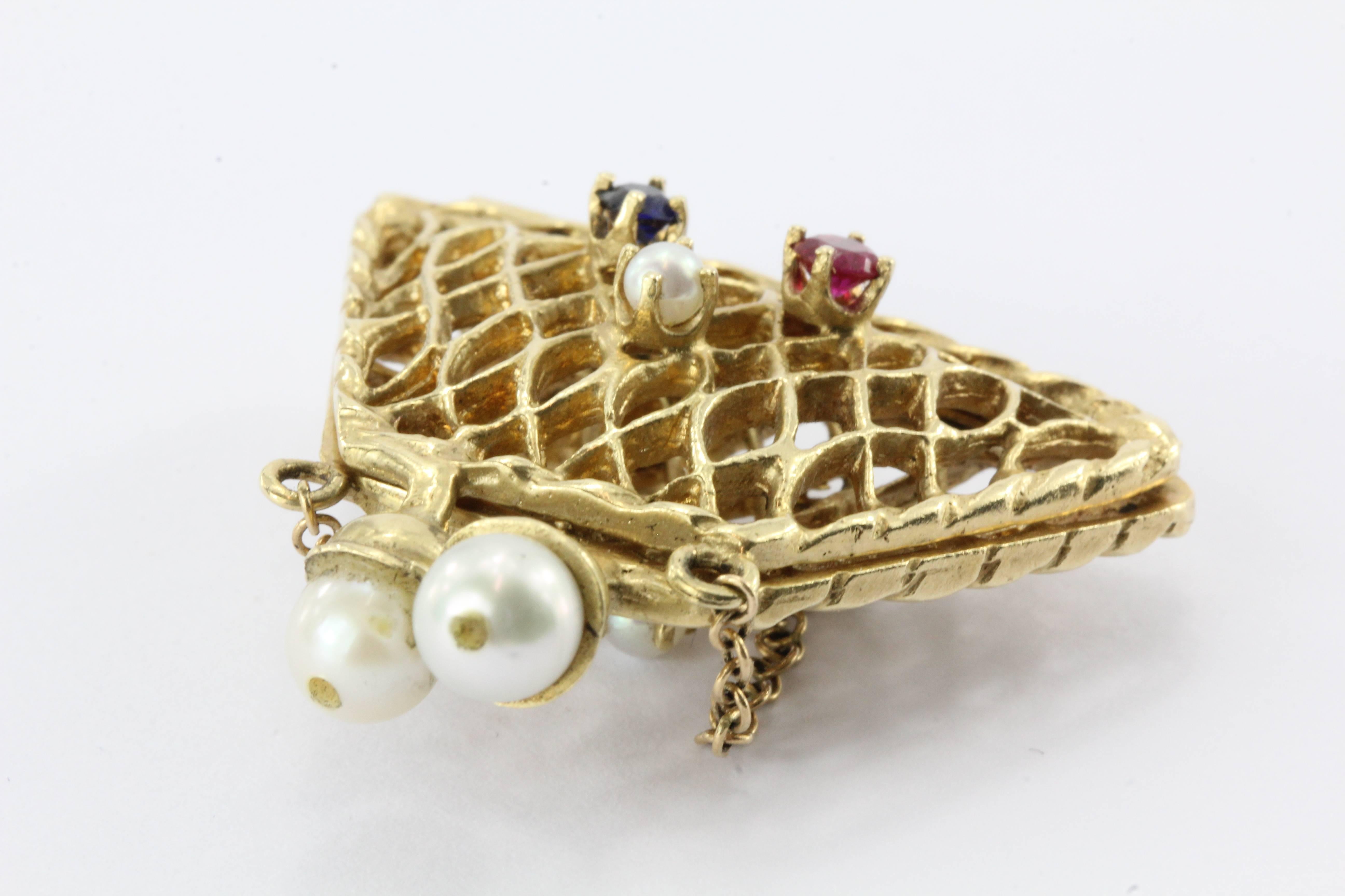 14K Gold Woven Sapphire, Ruby, Pearl Purse Pendant / Charm In Excellent Condition In Cape May, NJ