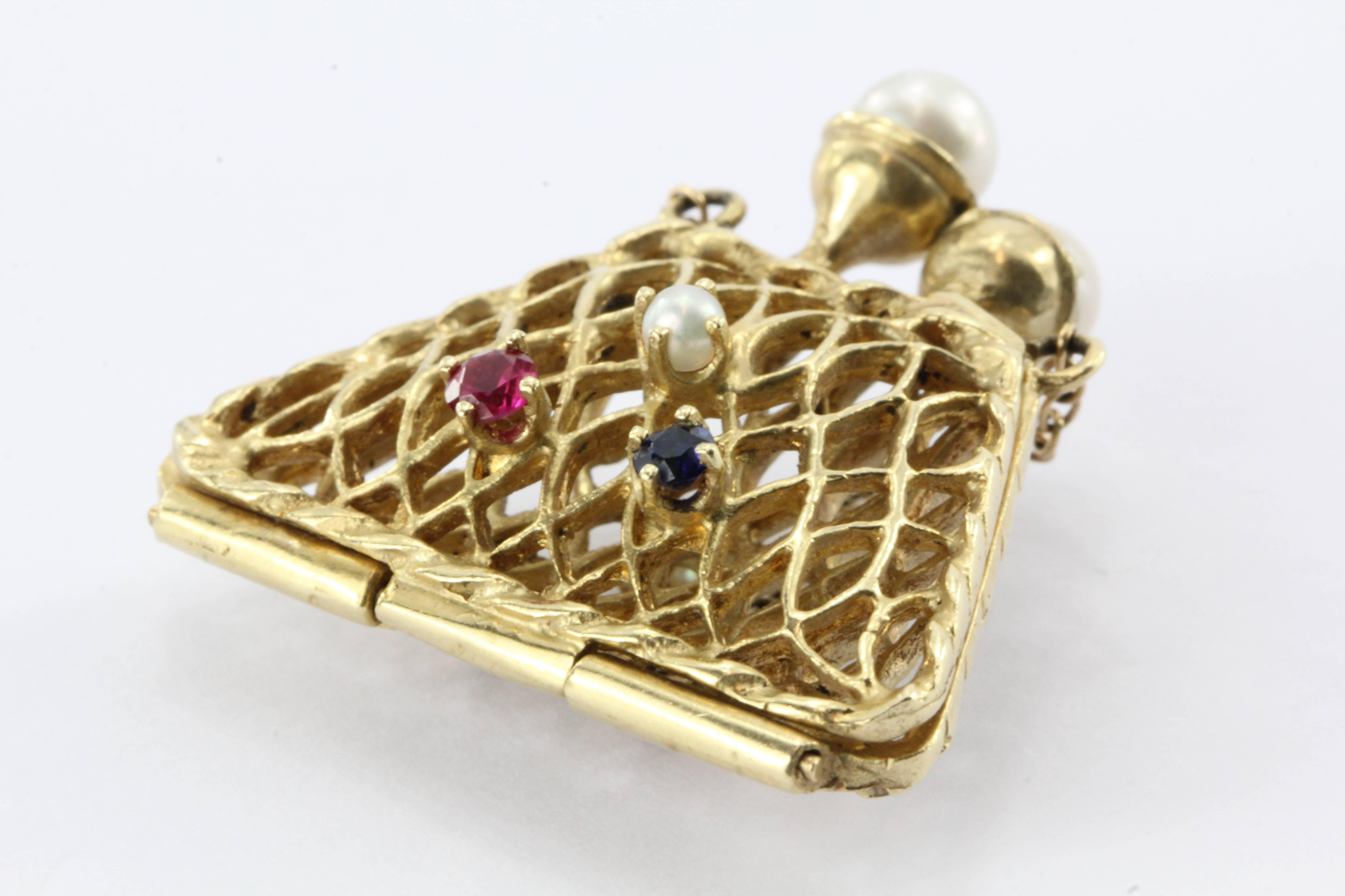 Women's 14K Gold Woven Sapphire, Ruby, Pearl Purse Pendant / Charm