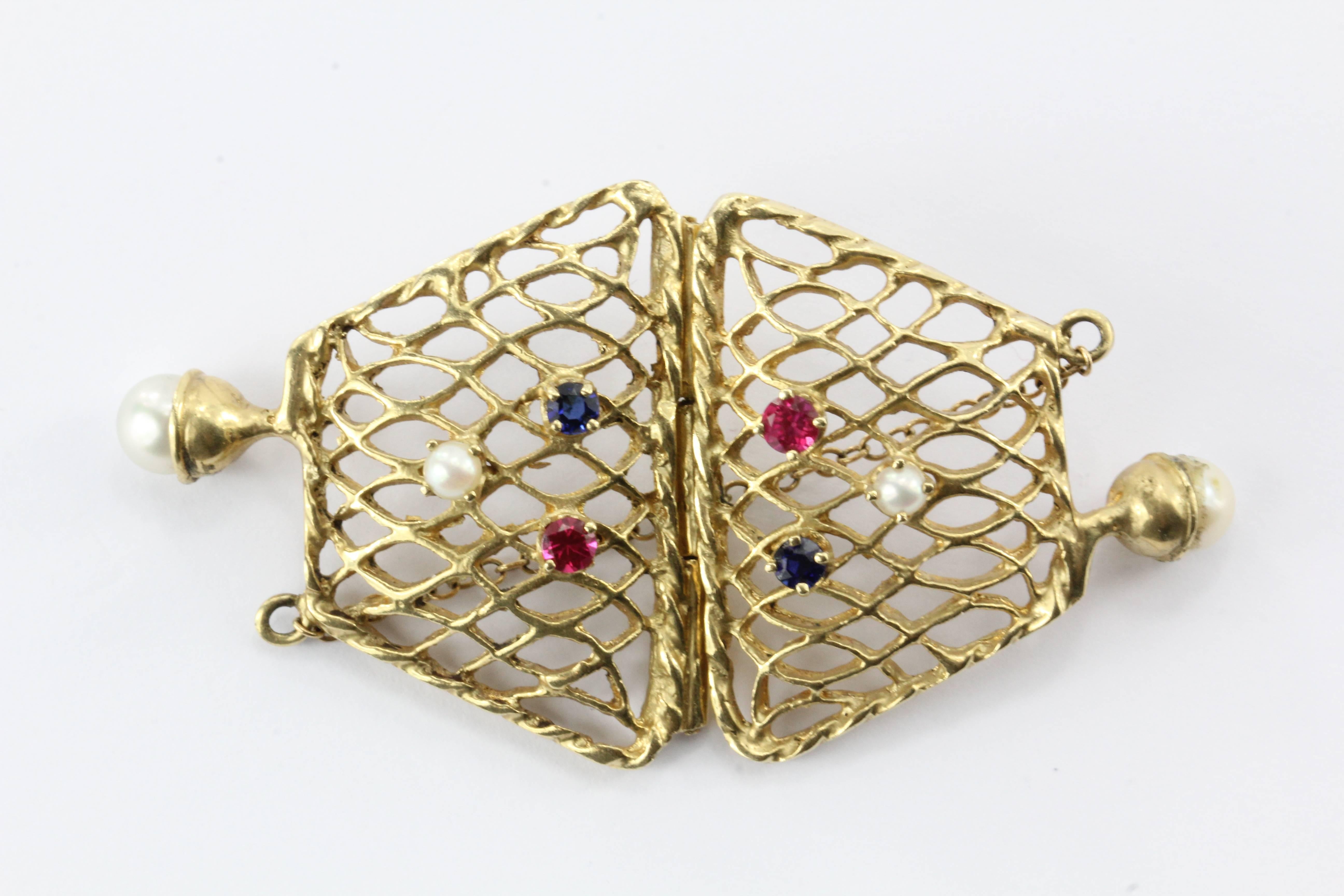 14K Gold Woven Sapphire, Ruby, Pearl Purse Pendant / Charm 1