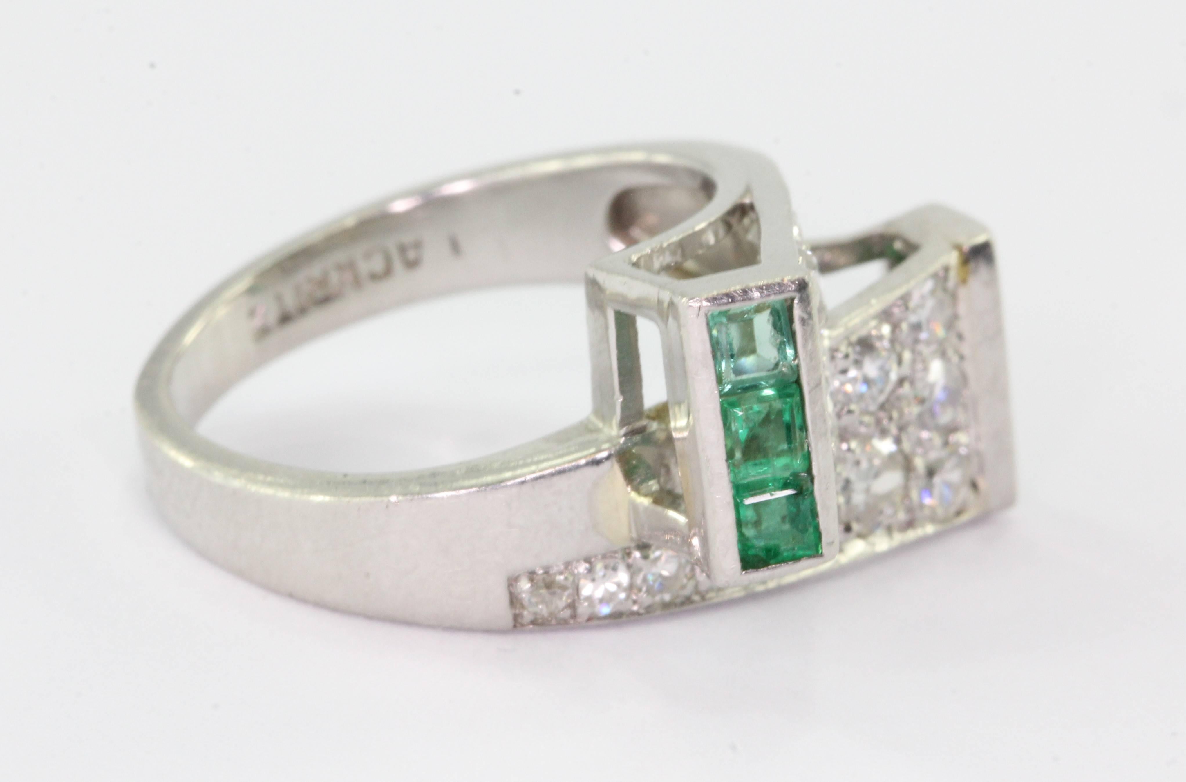 1930s P. N. Lackritz Emerald Diamond Platinum Art Deco Ring  In Excellent Condition In Cape May, NJ