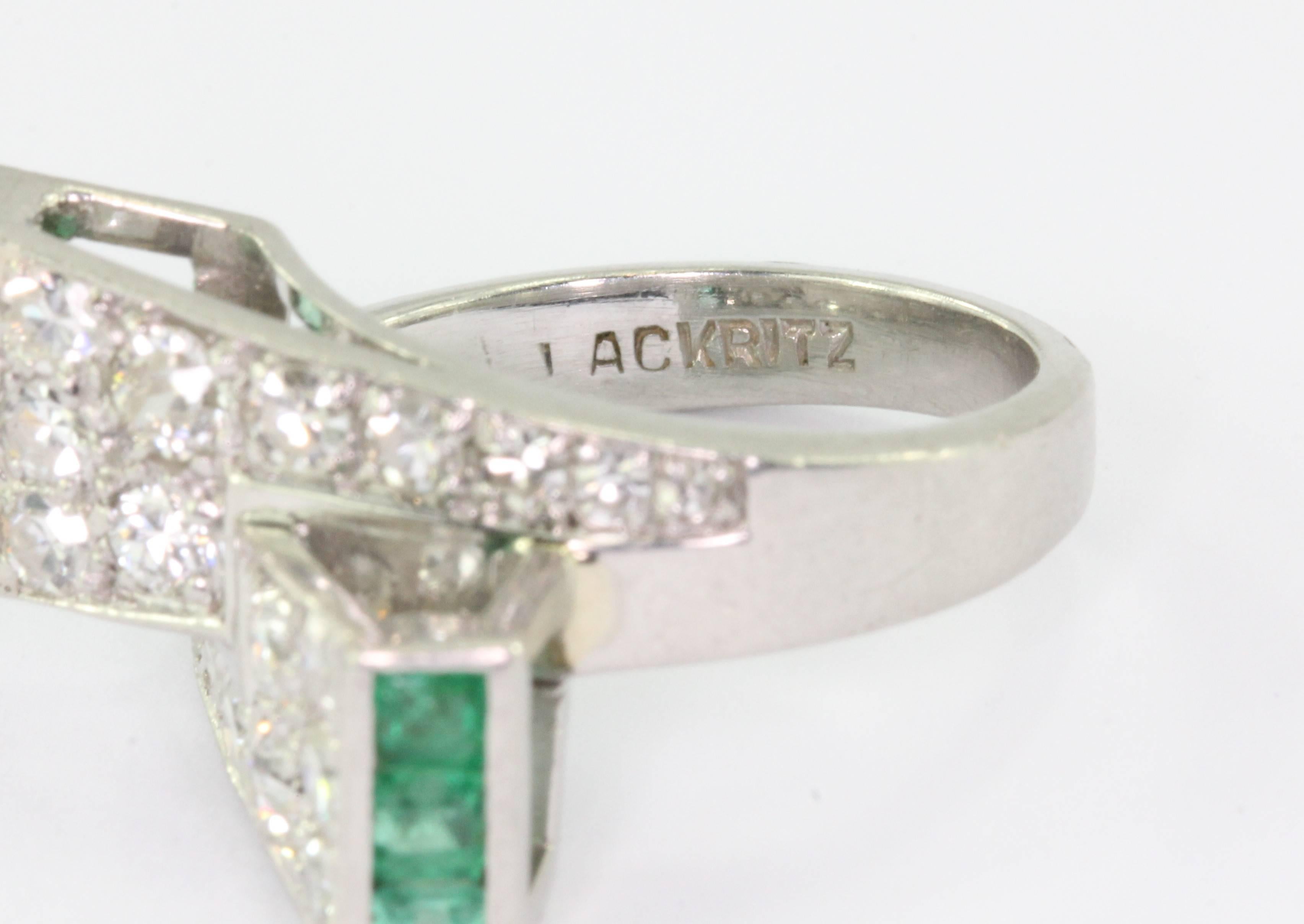 1930s P. N. Lackritz Emerald Diamond Platinum Art Deco Ring  3