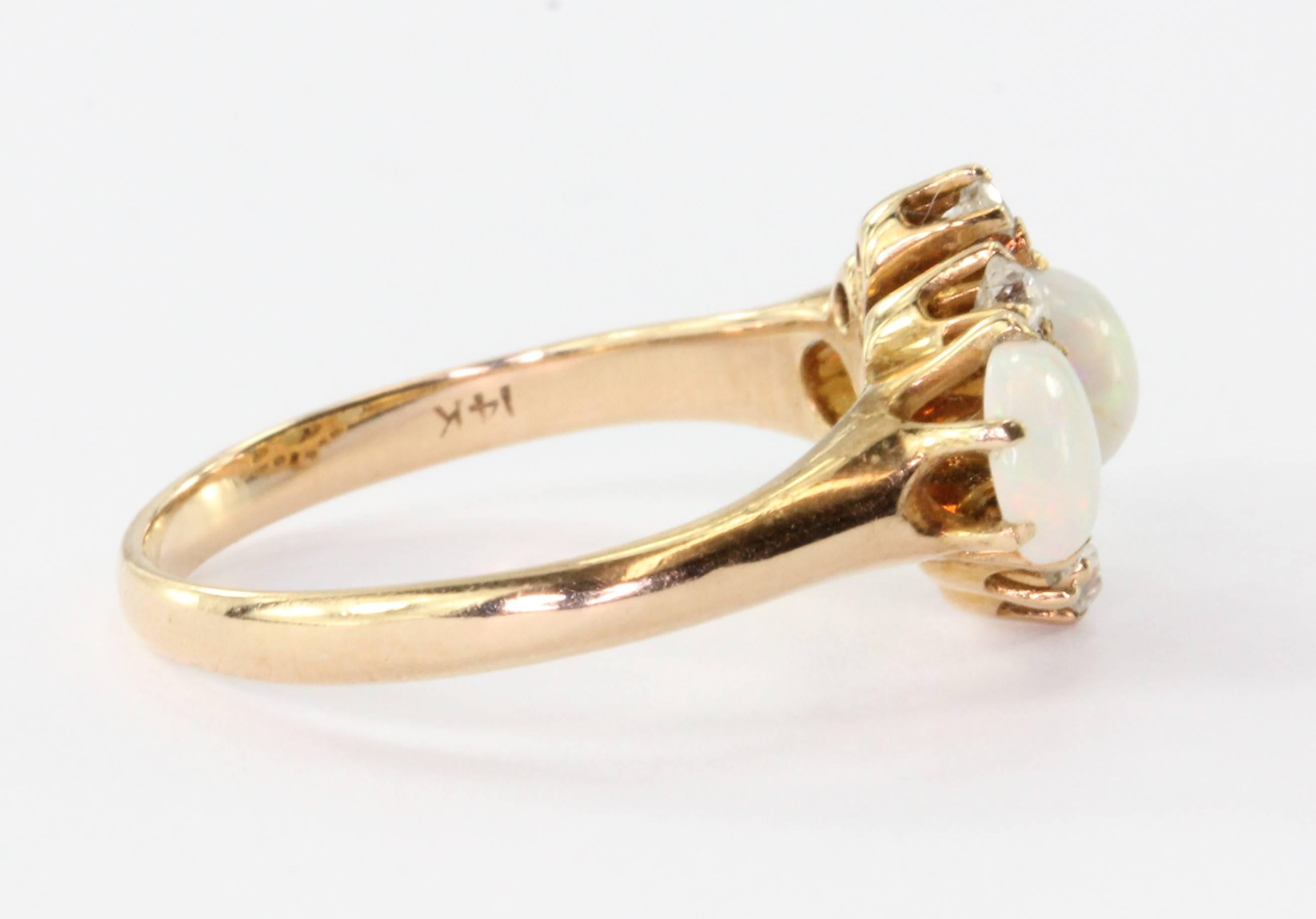 Women's 1900s Edwardian Fiery Opal Old European Cut Diamond Gold Ring 