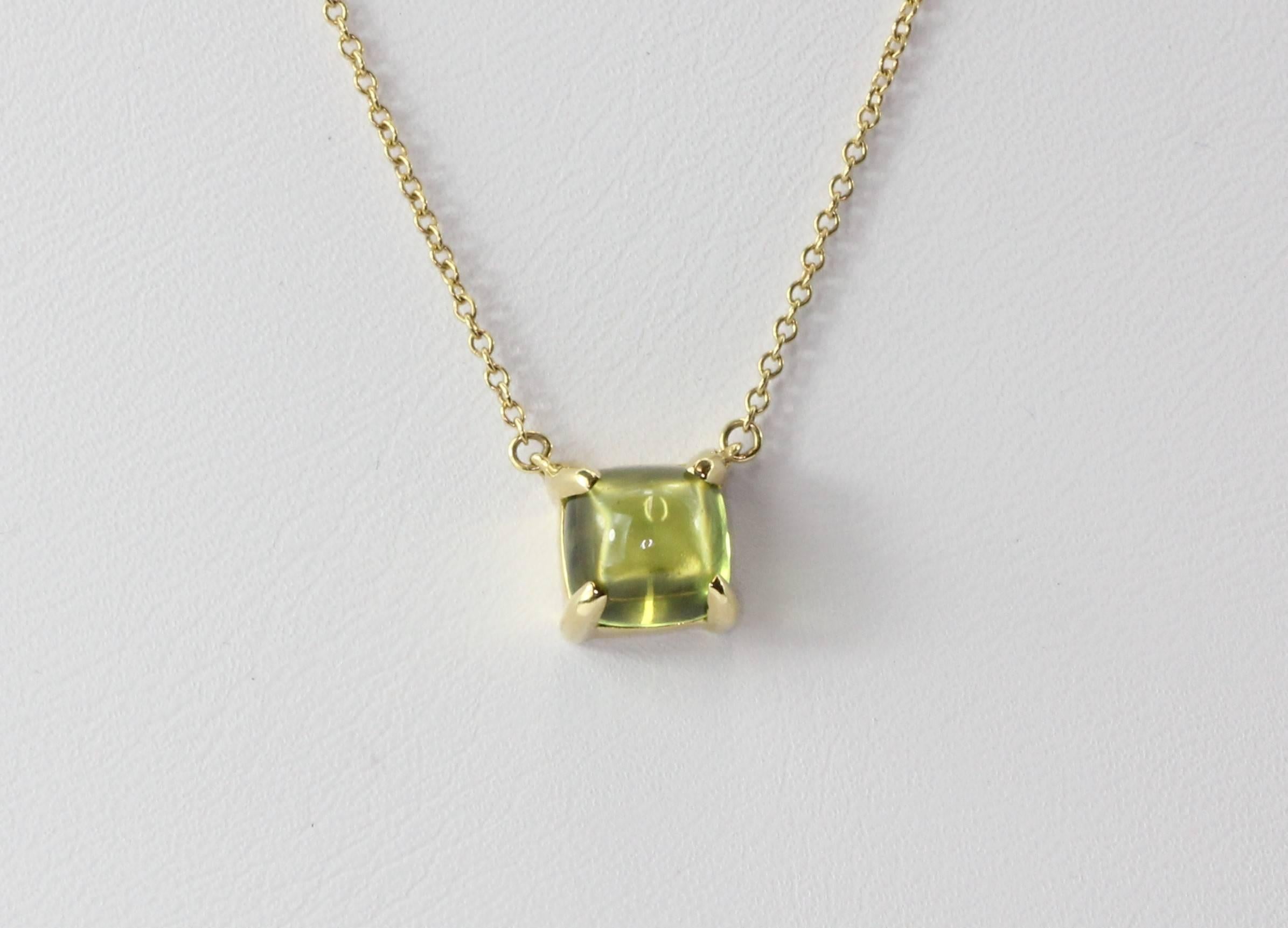 Tiffany 18K Gold Paloma Picasso Sugar Stack Peridot Necklace. The necklace is in excellent estate condition and ready to wear. It comes its original Tiffany case. The necklace is signed "T&Co 750 Paloma Picasso.  The necklace measures