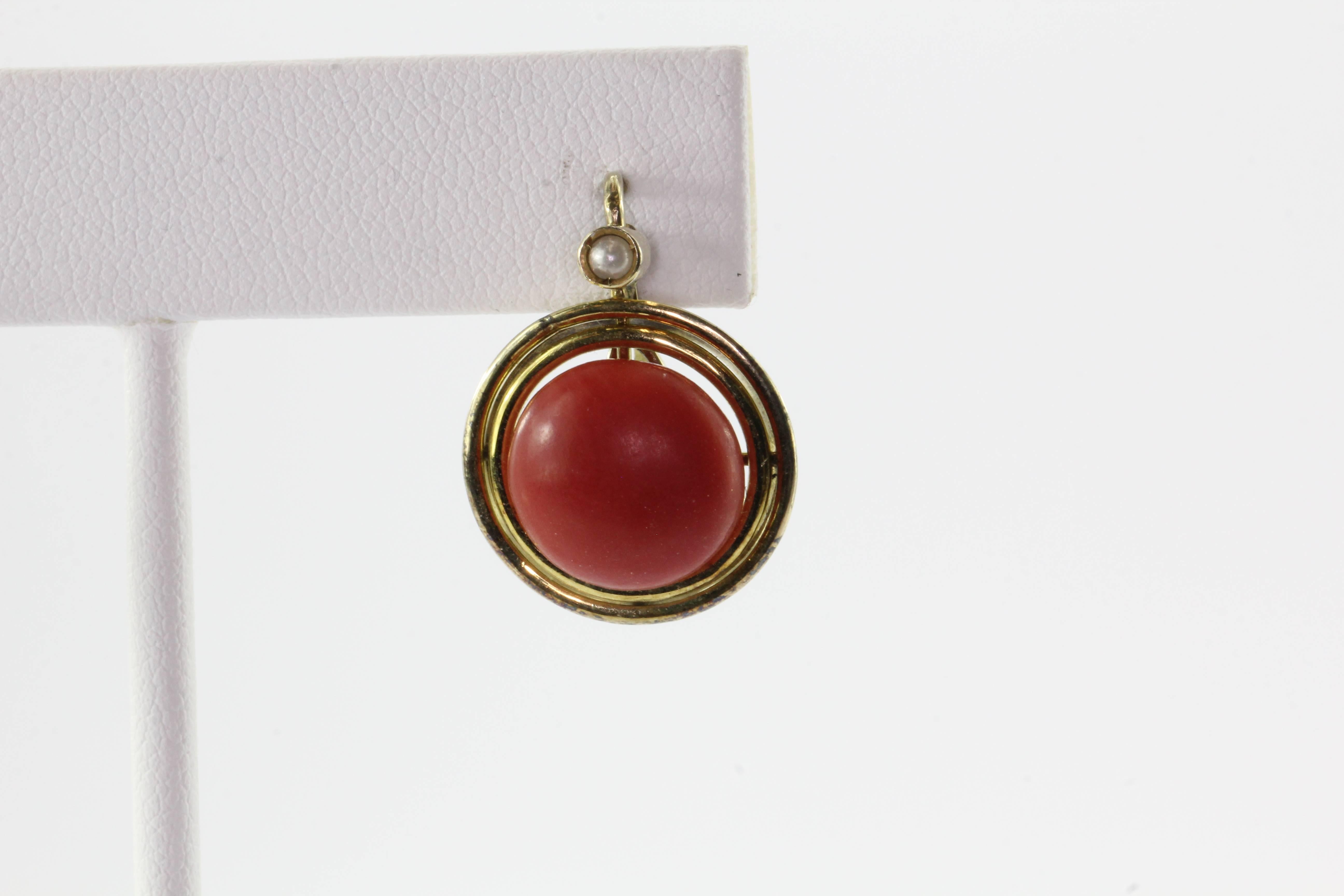 Victorian Red Oxblood Coral Seed Pearl Gold Earrings In Excellent Condition In Cape May, NJ