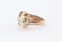 Retro Moderne 14K Rose Gold Diamond & Ruby Ring Circa 1930's