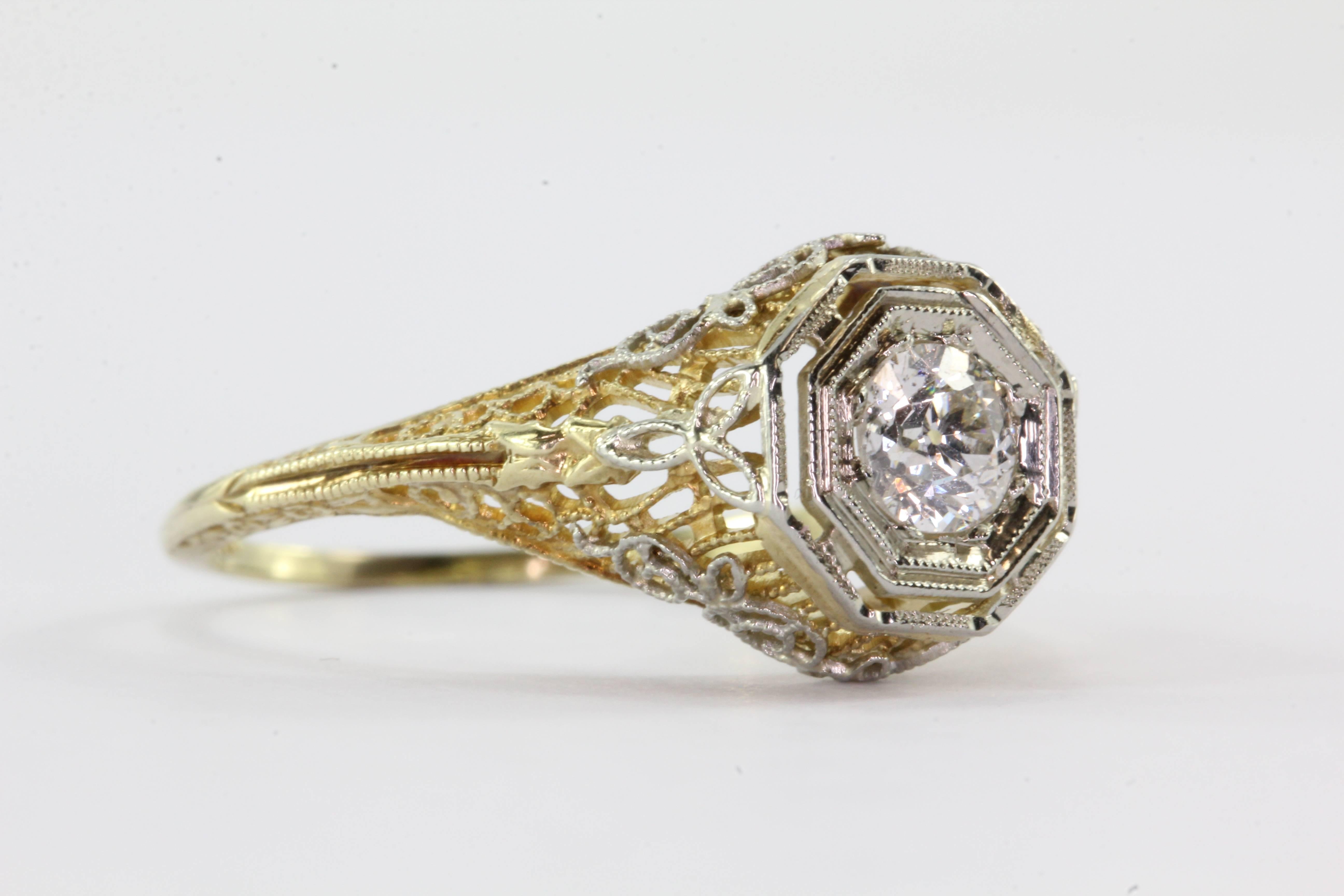 Art Deco Yellow and White Gold Old European Cut Diamond Engagement Ring  In Excellent Condition In Cape May, NJ