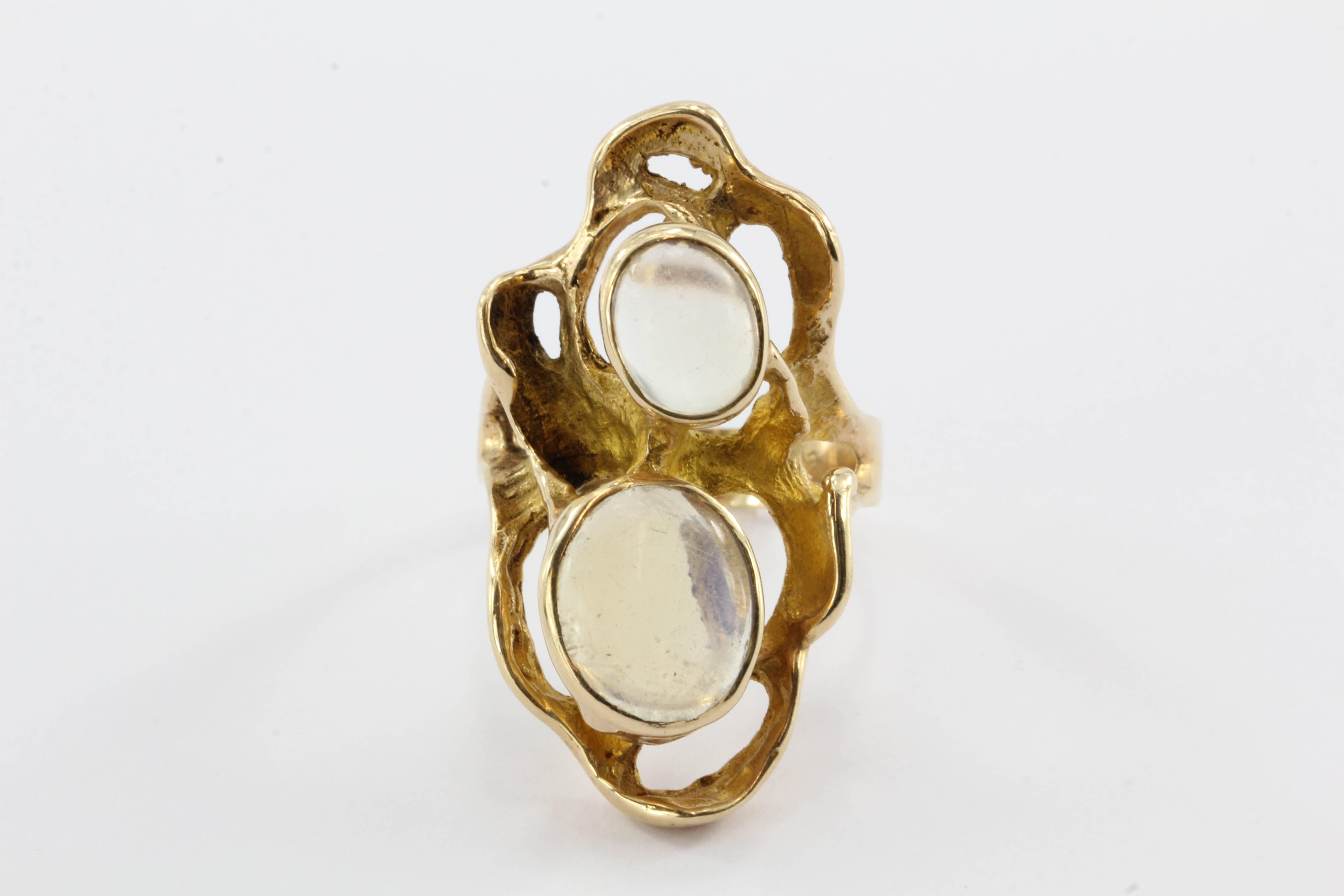 Modernist Abstract 14K Gold Chunky Double Moonstone Ring Signed G. The ring is in excellent estate condition and ready to wear. It is signed "14K G", the G is the designer's markers mark. The larger moonstone is about 4 carats and the