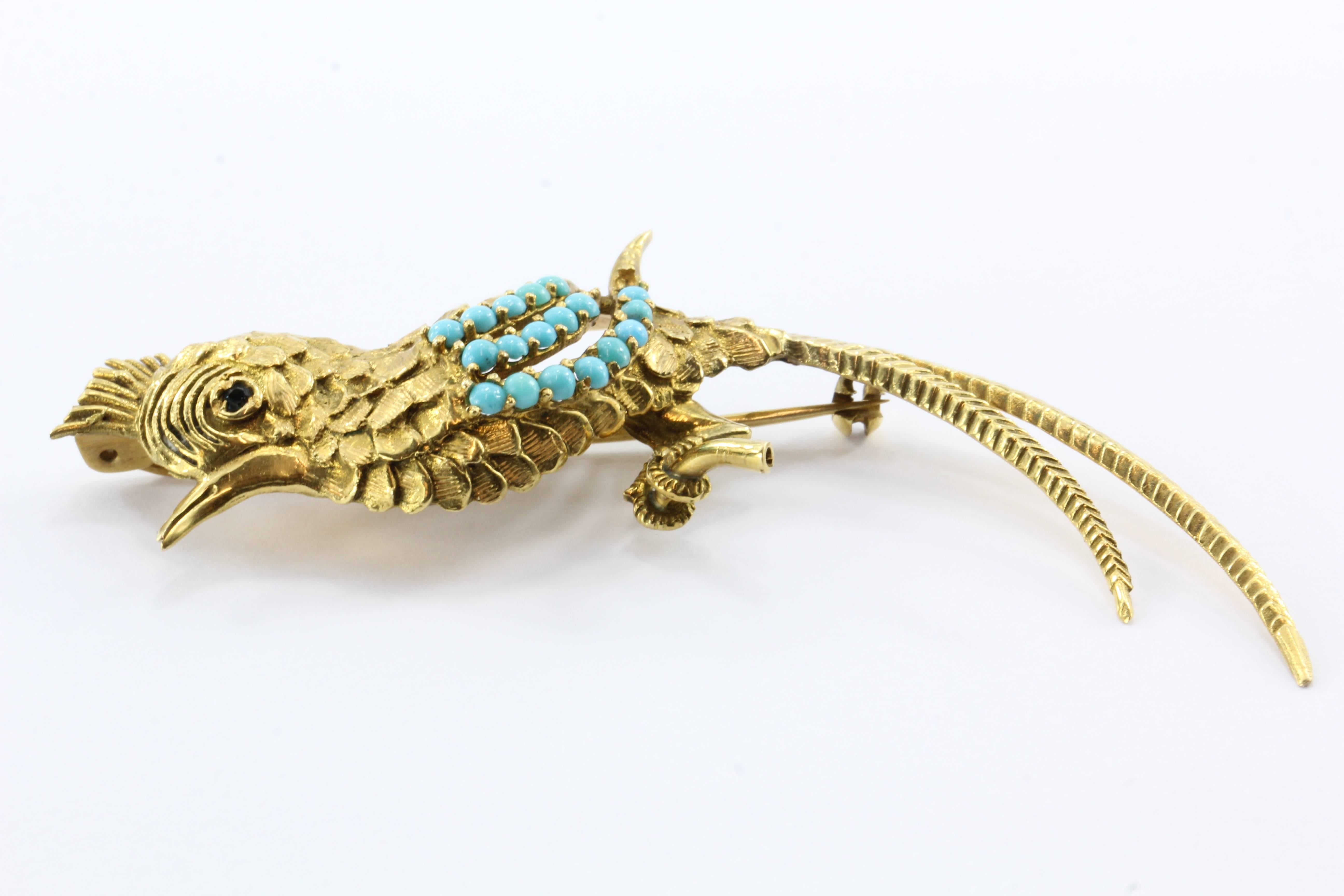  Persian Turquoise Gold  Bird of Paradise Brooch  In Excellent Condition In Cape May, NJ