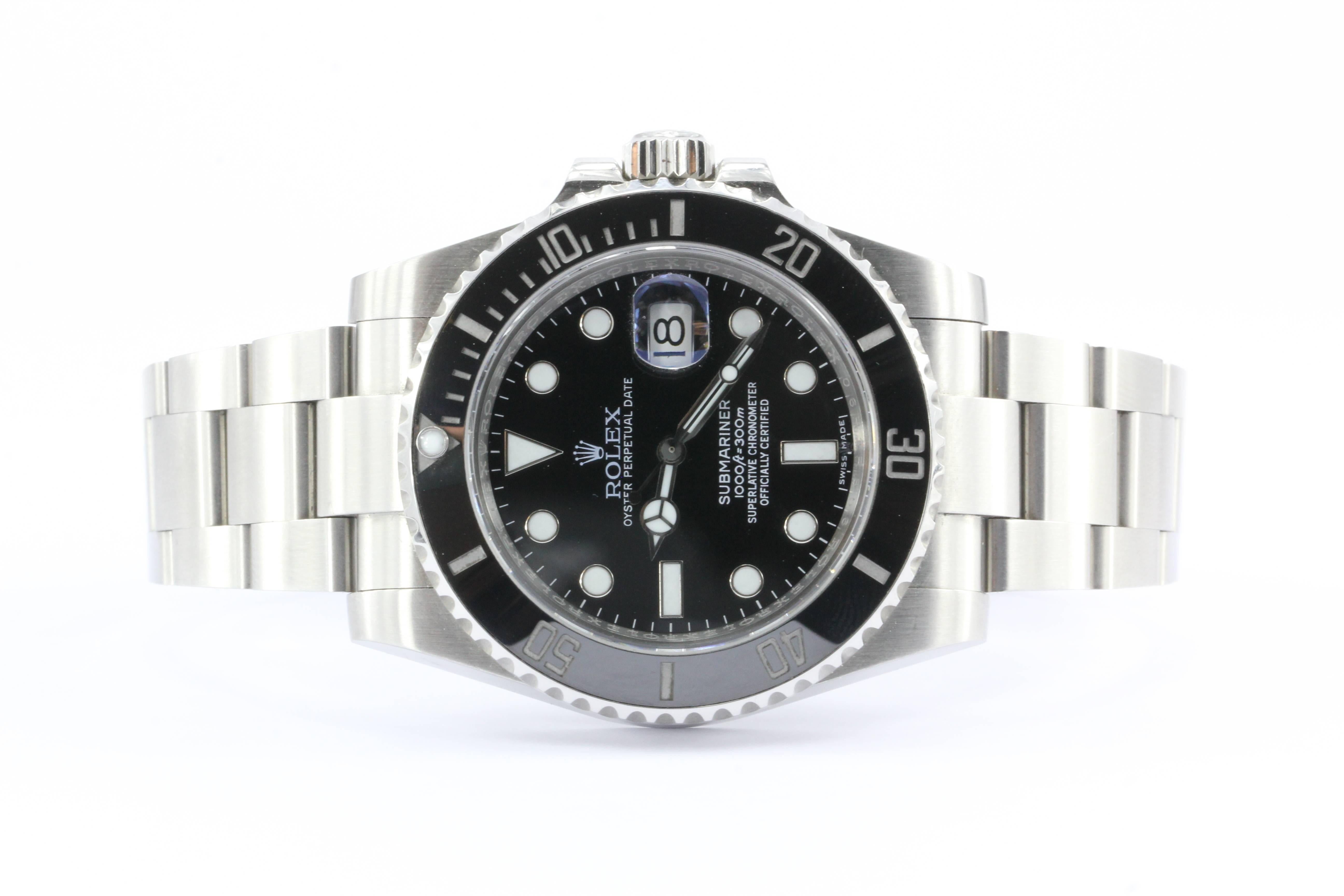 Rolex Oyster Submariner Perpetual Date Mens Black Dial & Bezel Steel Mens Watch. The watch is in excellent gently used estate condition and ready to wear. It has just about no signs of previous use. It does not come with its box or paperwork.