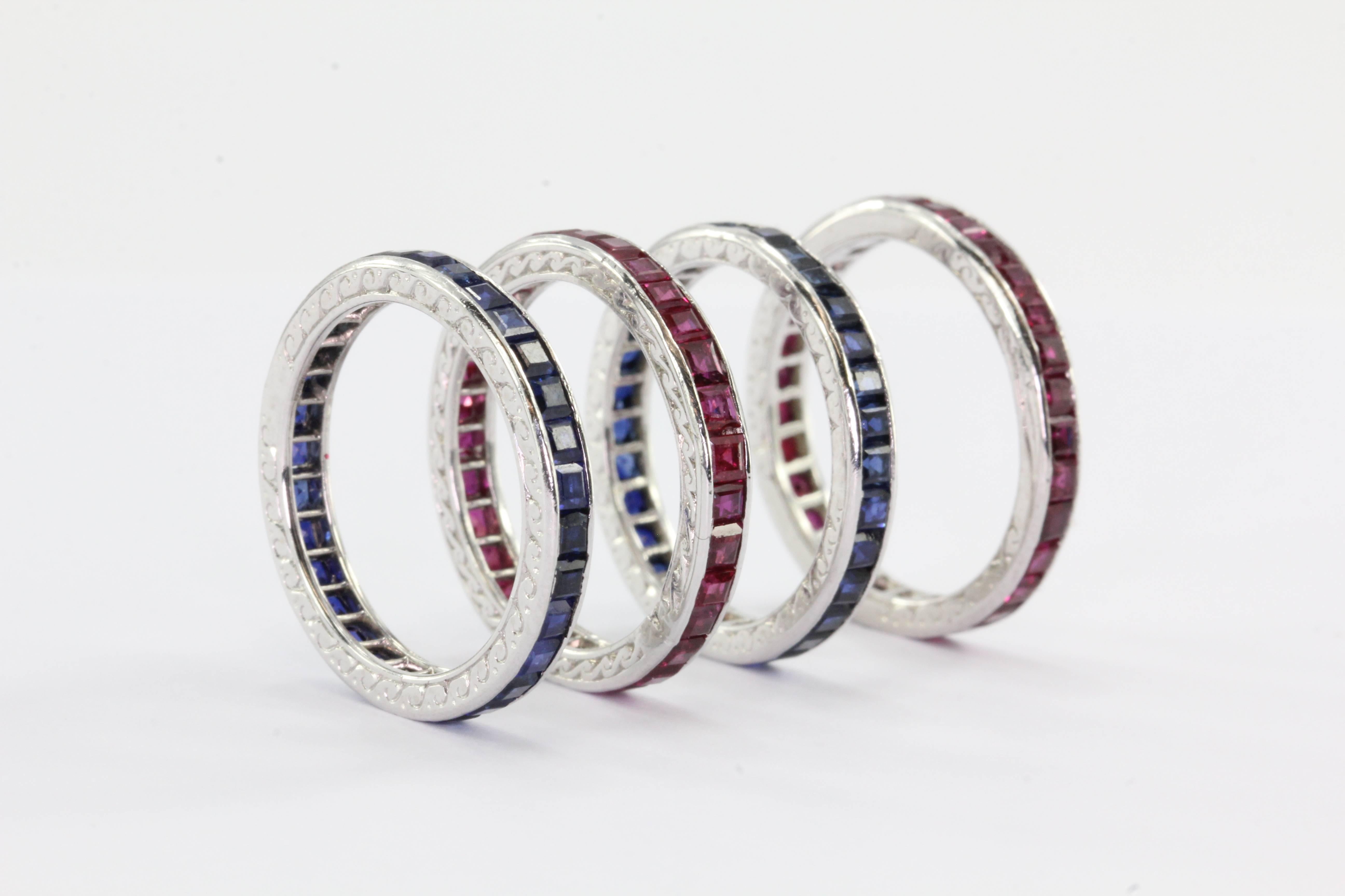 Women's Tiffany & Co. Four Stackable Art Deco Ruby Sapphire Platinum Eternity Band Rings