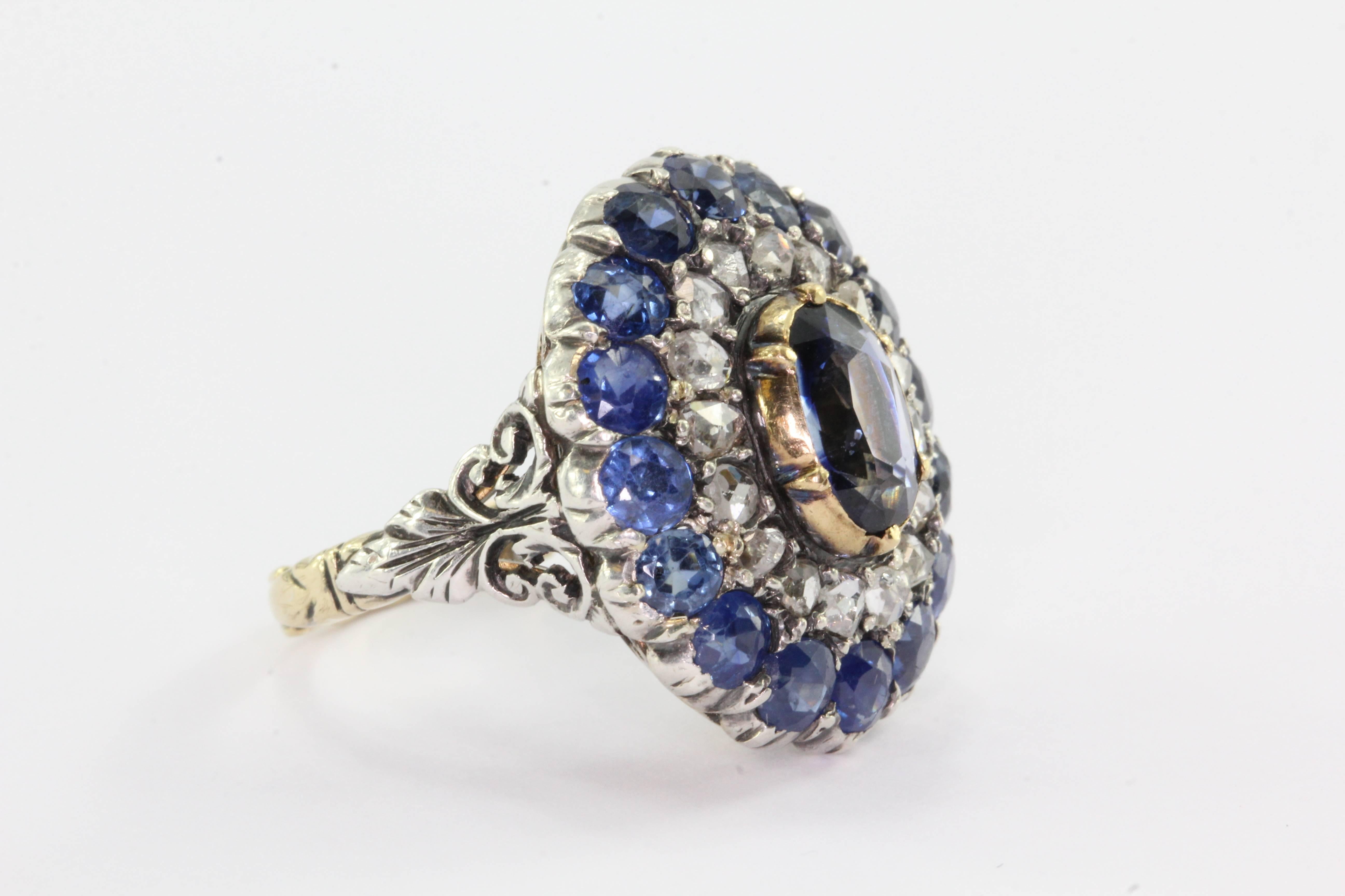 Georgian  Blue Sapphire Rose Cut Diamond Ring