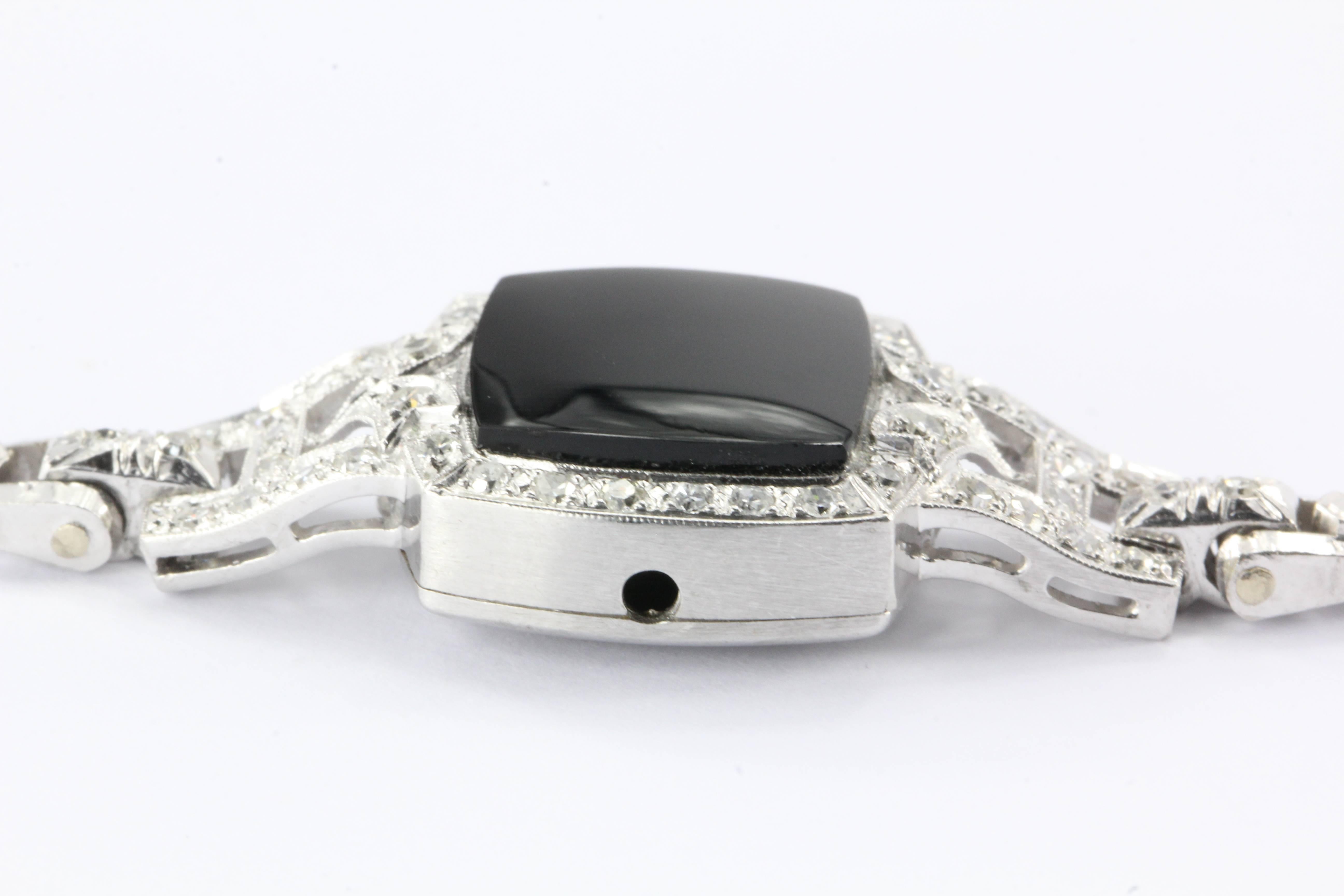 Art Deco Platinum White Gold Diamond Onyx Conversion Bracelet kaspar & Esh In Excellent Condition In Cape May, NJ