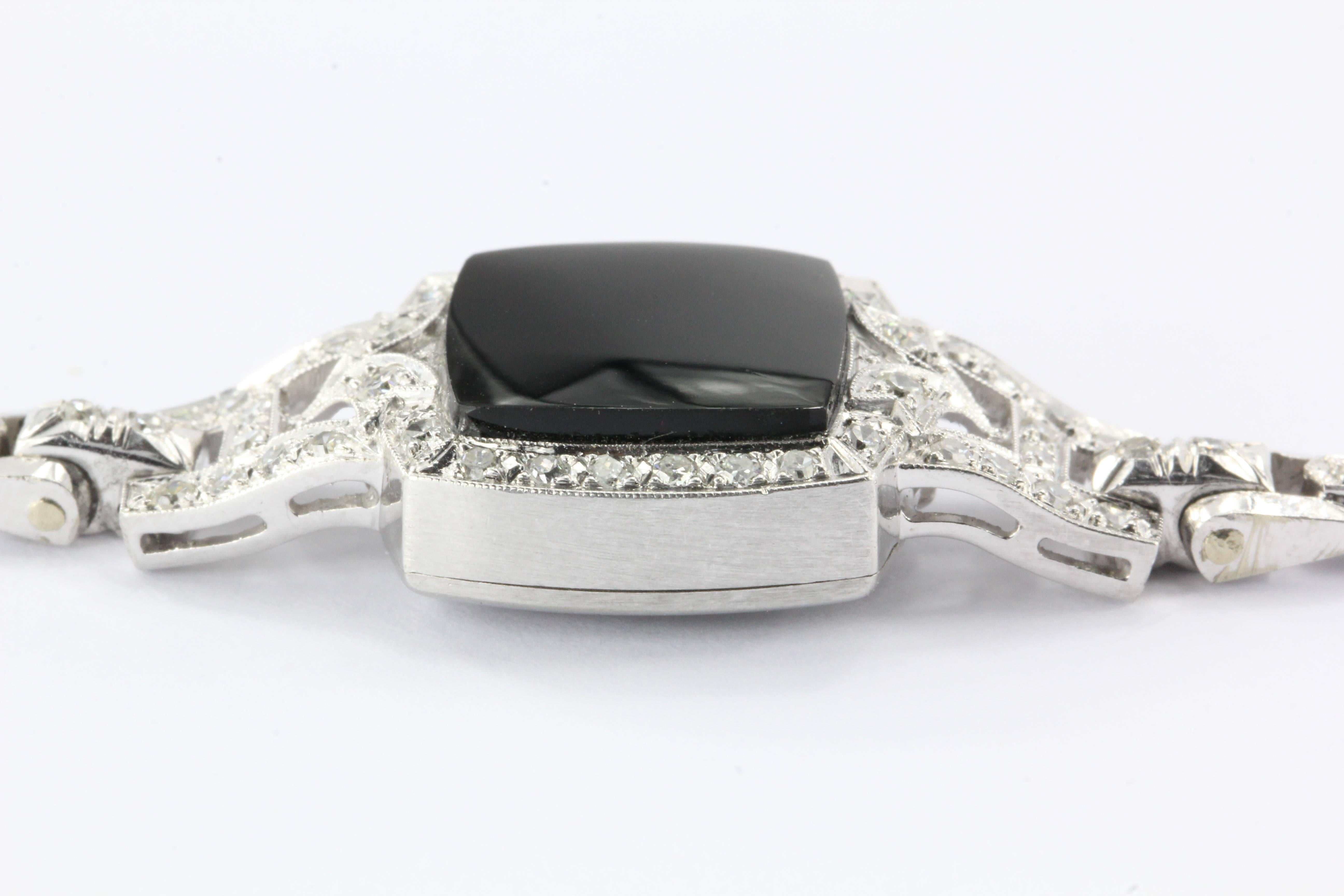 Women's Art Deco Platinum White Gold Diamond Onyx Conversion Bracelet kaspar & Esh