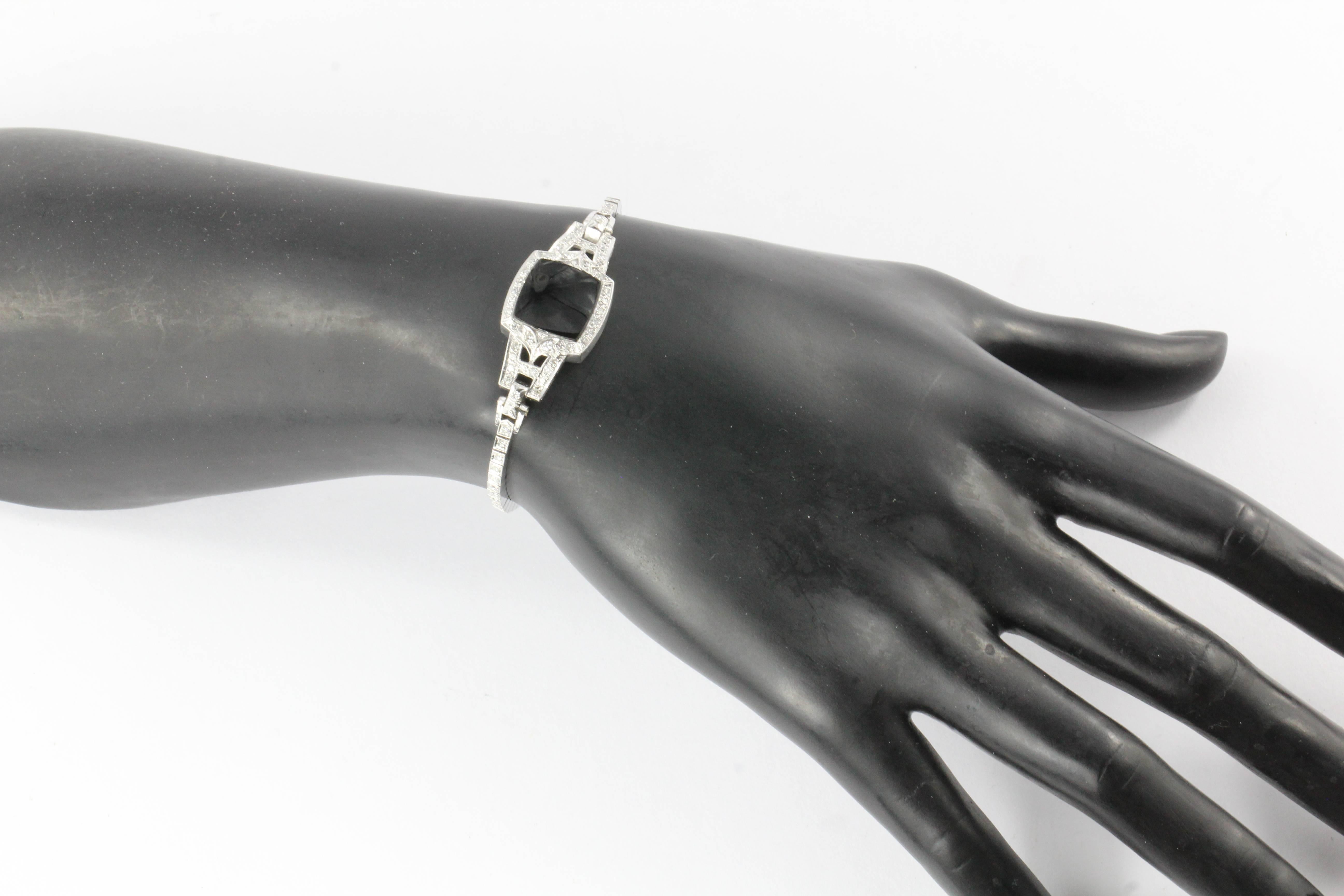 Art Deco Platinum White Gold Diamond Onyx Conversion Bracelet kaspar & Esh 2