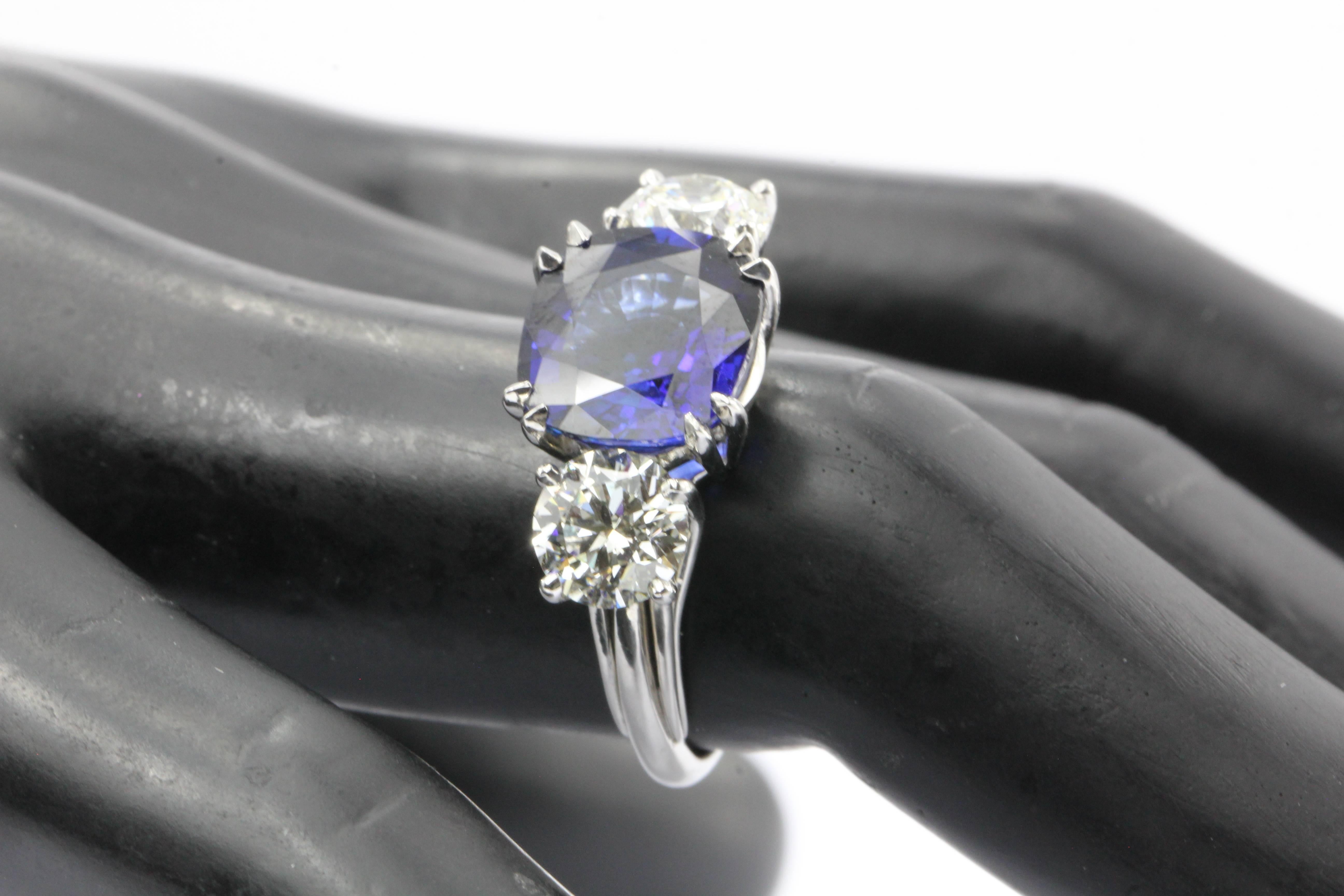 Natural AGL Intense Blue Sapphire and 2 Carat Diamond Ring 2