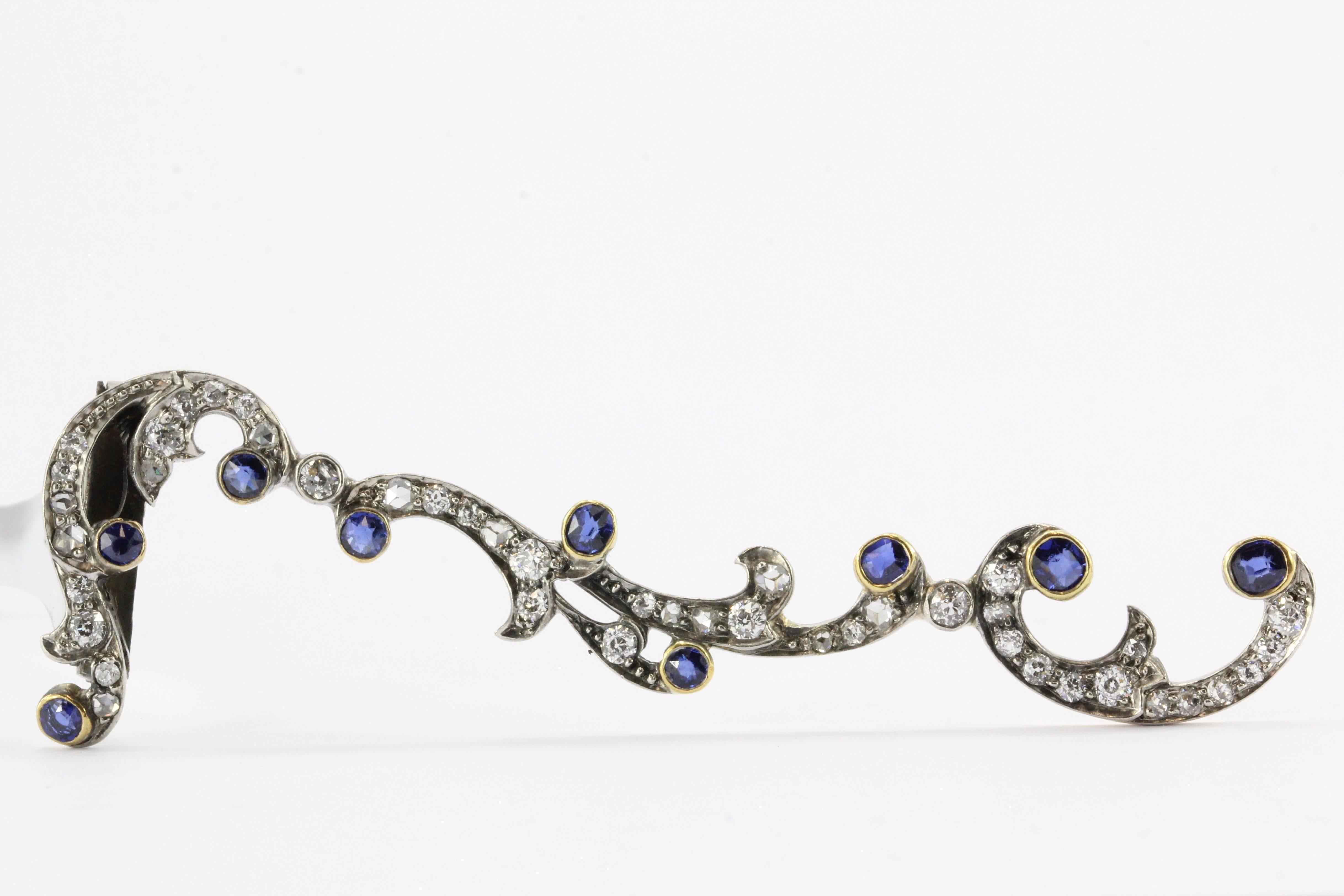 Edwardian Gold & Silver Diamond Sapphire Hair Clip Barrette C.1900 In Excellent Condition In Cape May, NJ