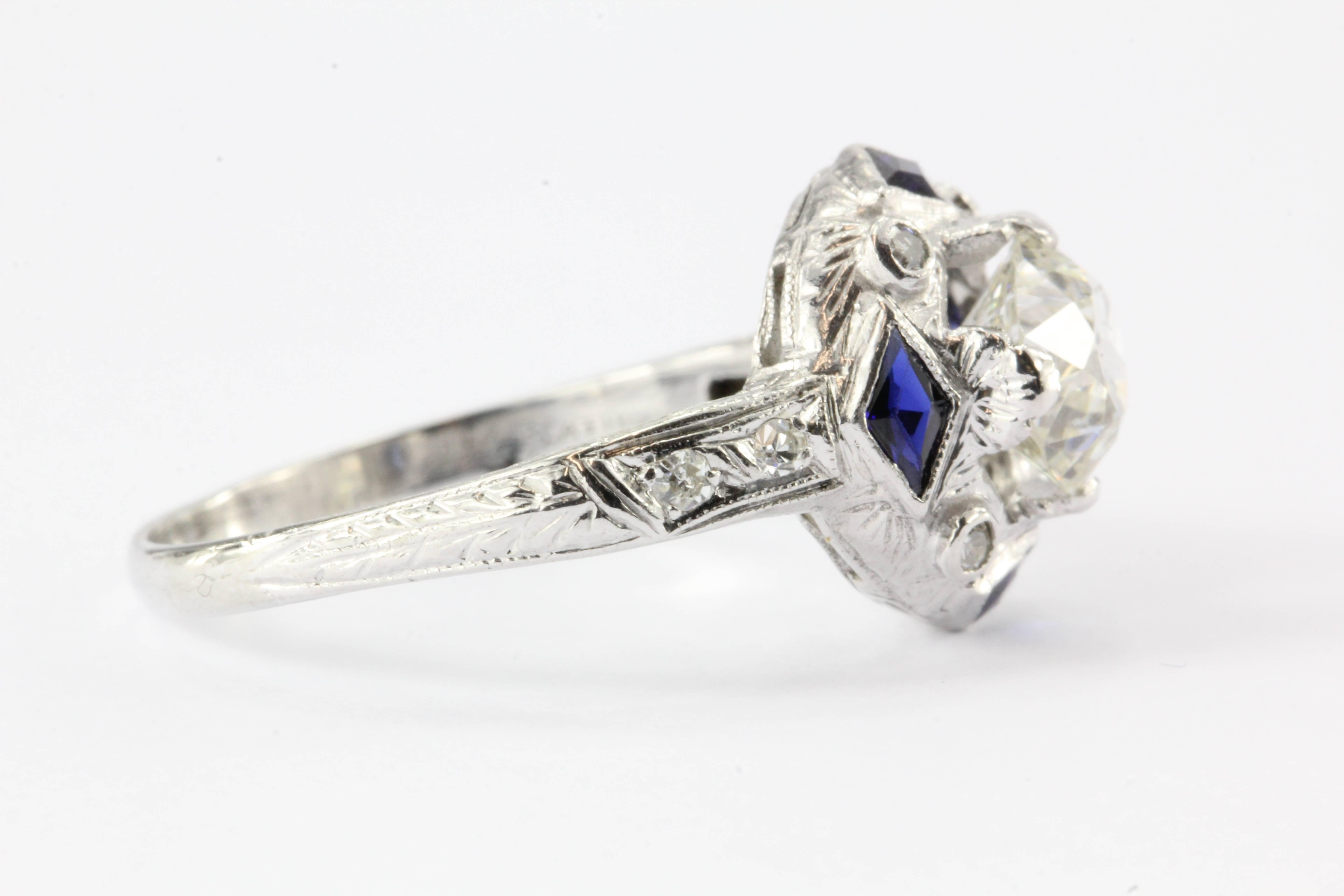 Old European Cut Art Deco Old European Diamond Sapphire Platinum Engagement Ring circa 1925