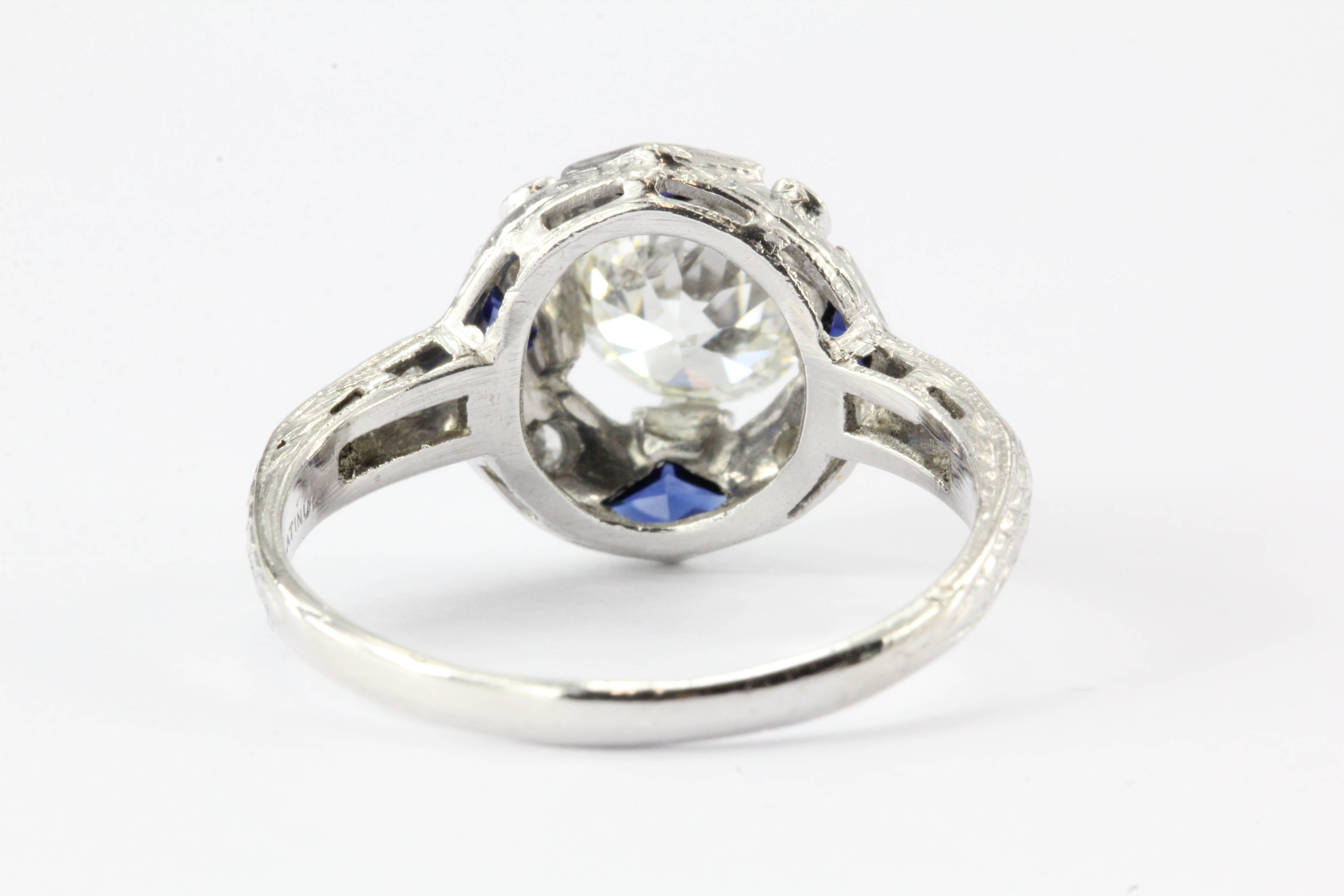 Art Deco Old European Diamond Sapphire Platinum Engagement Ring circa 1925 In Excellent Condition In Cape May, NJ