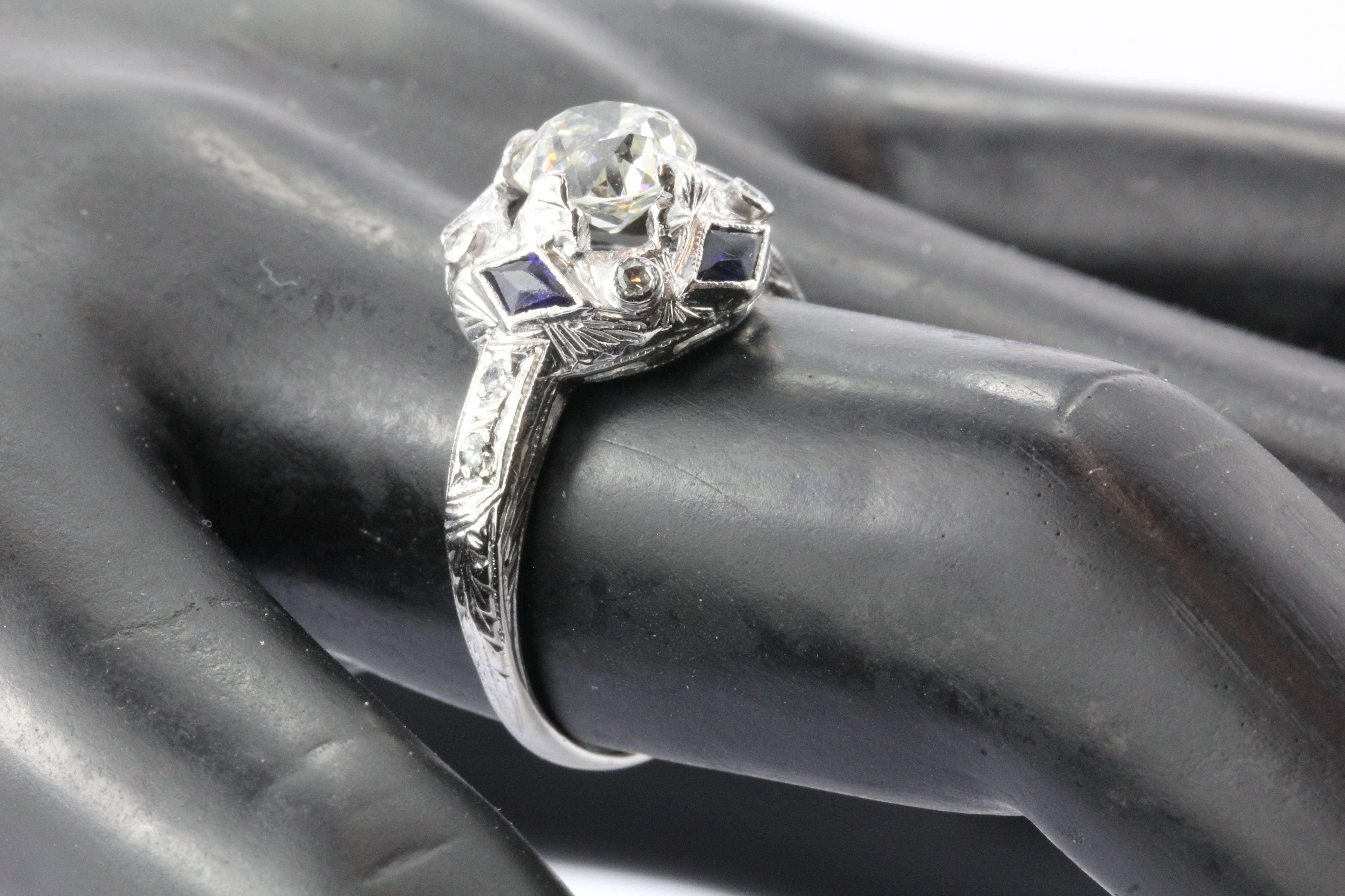 Art Deco Old European Diamond Sapphire Platinum Engagement Ring circa 1925 2