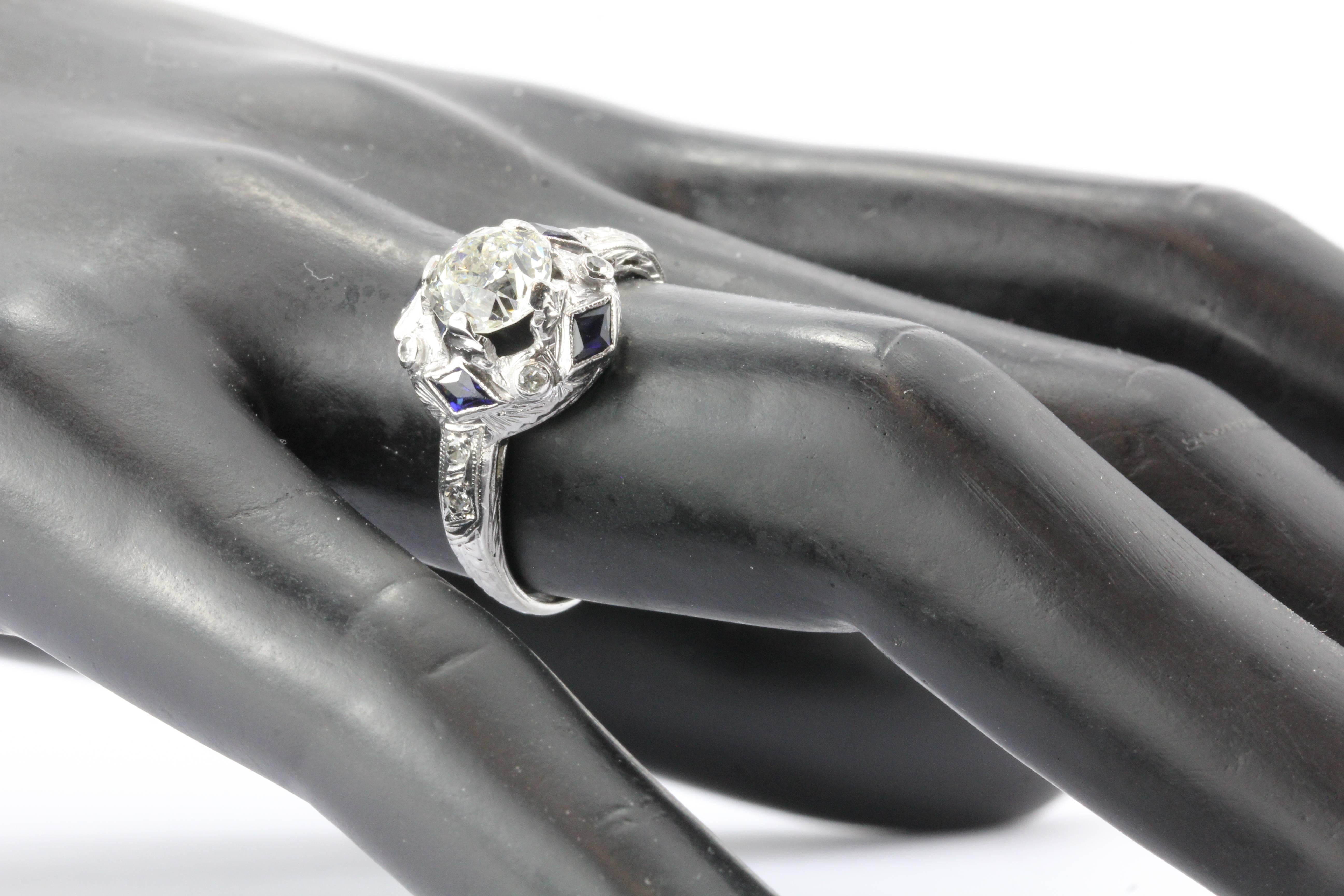 Art Deco Old European Diamond Sapphire Platinum Engagement Ring circa 1925 3