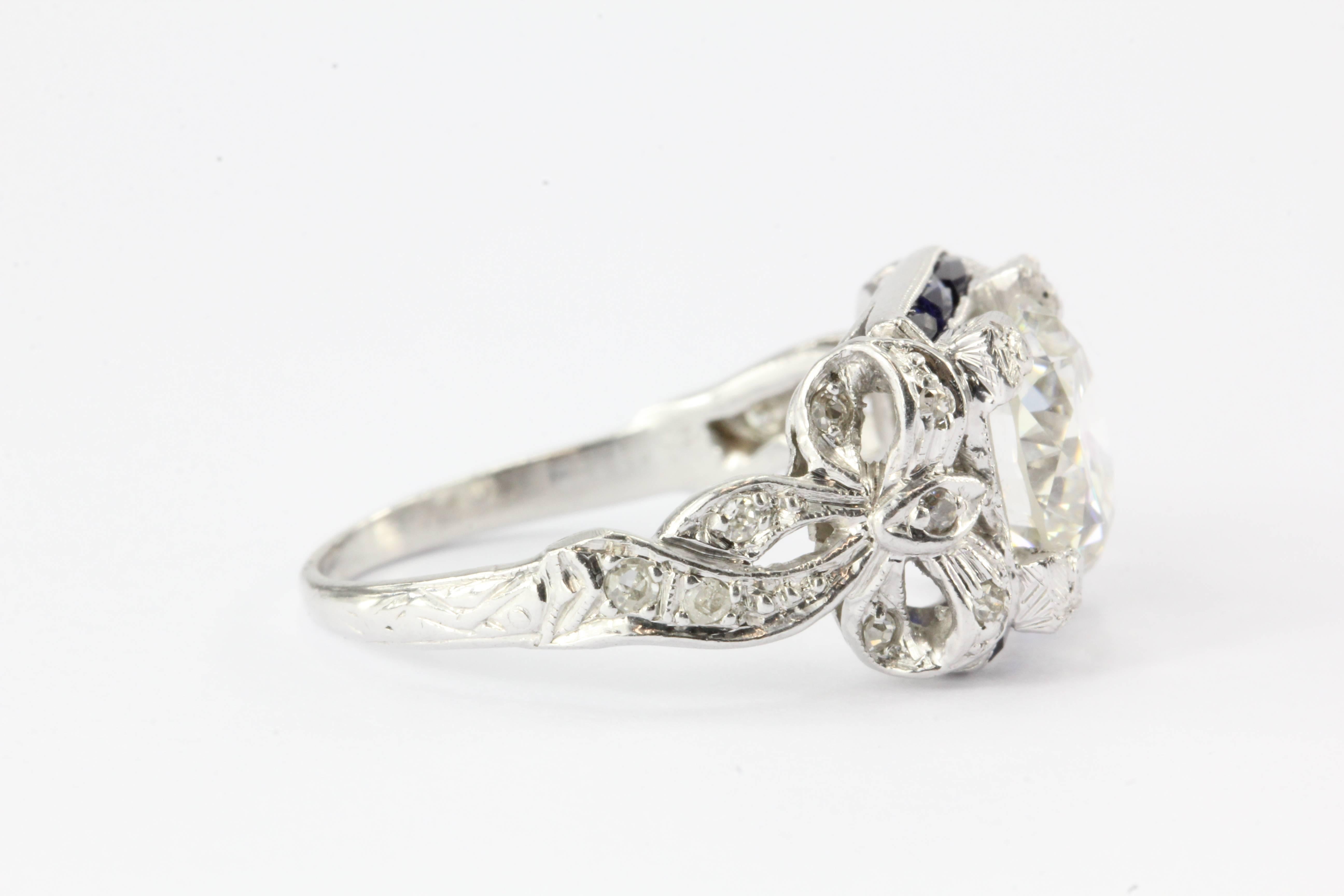 French Cut Art Deco GIA 2.09 Carat Diamond Sapphire Platinum Engagement Ring
