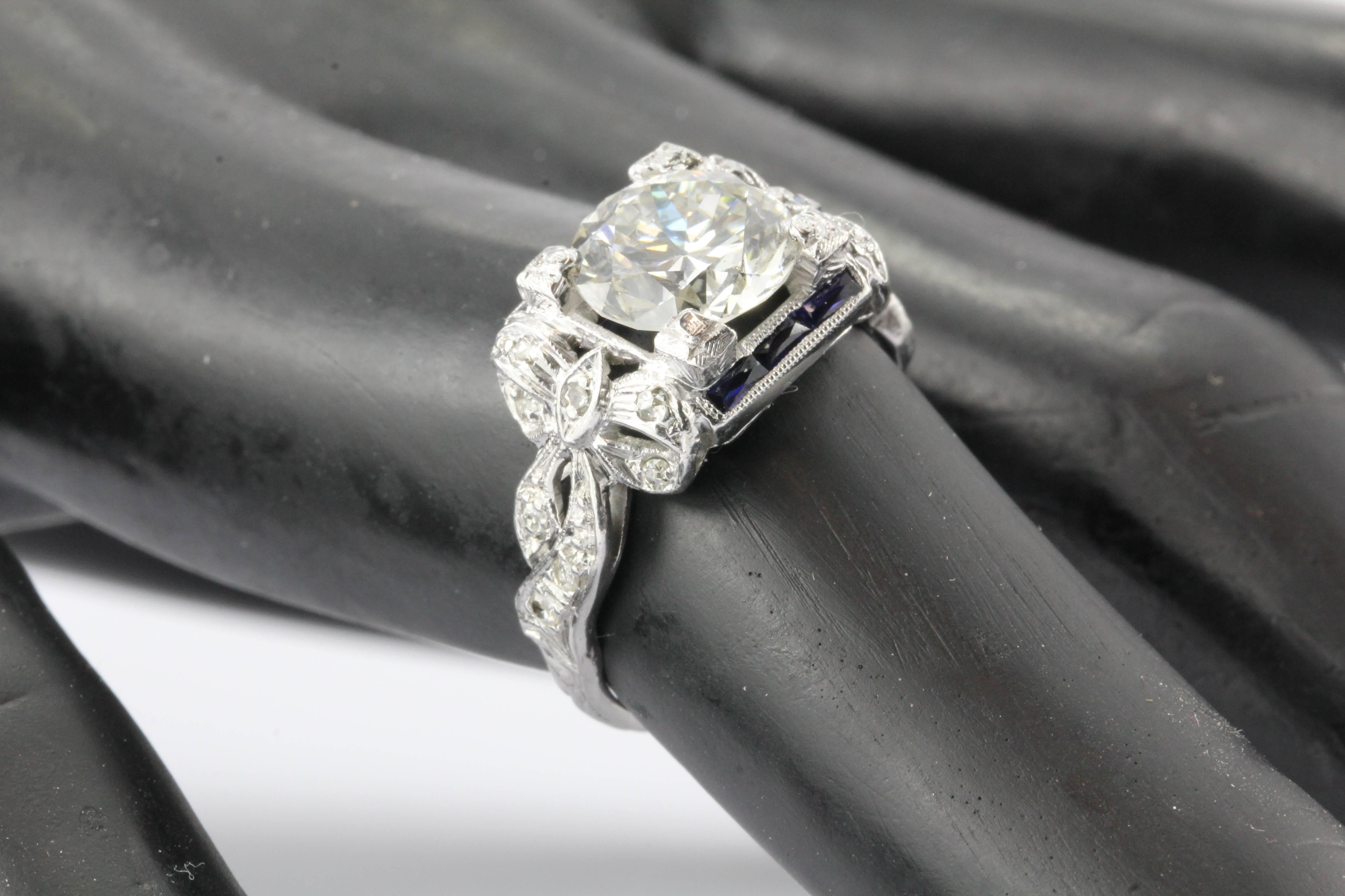Art Deco GIA 2.09 Carat Diamond Sapphire Platinum Engagement Ring 1