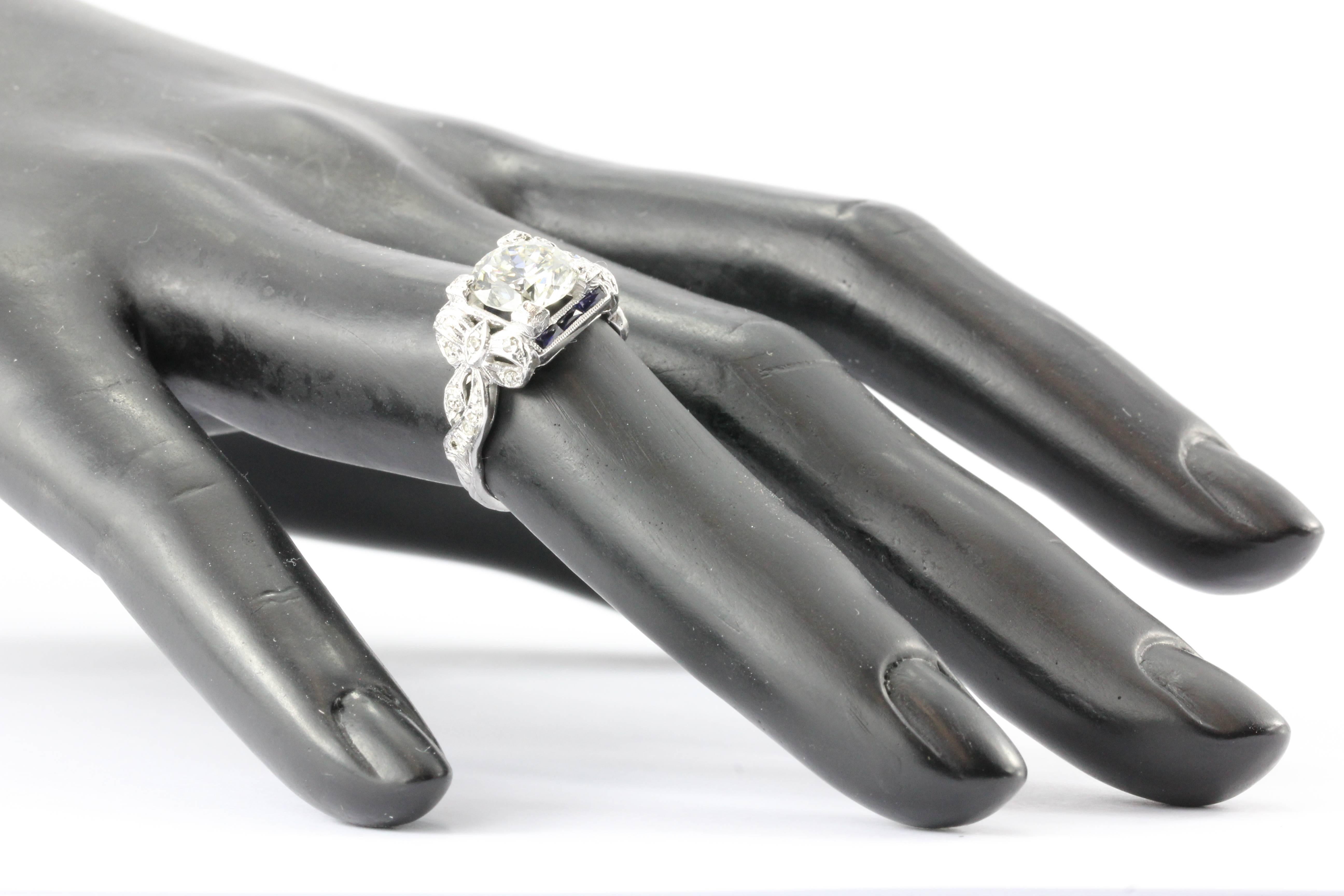 Art Deco GIA 2.09 Carat Diamond Sapphire Platinum Engagement Ring 2