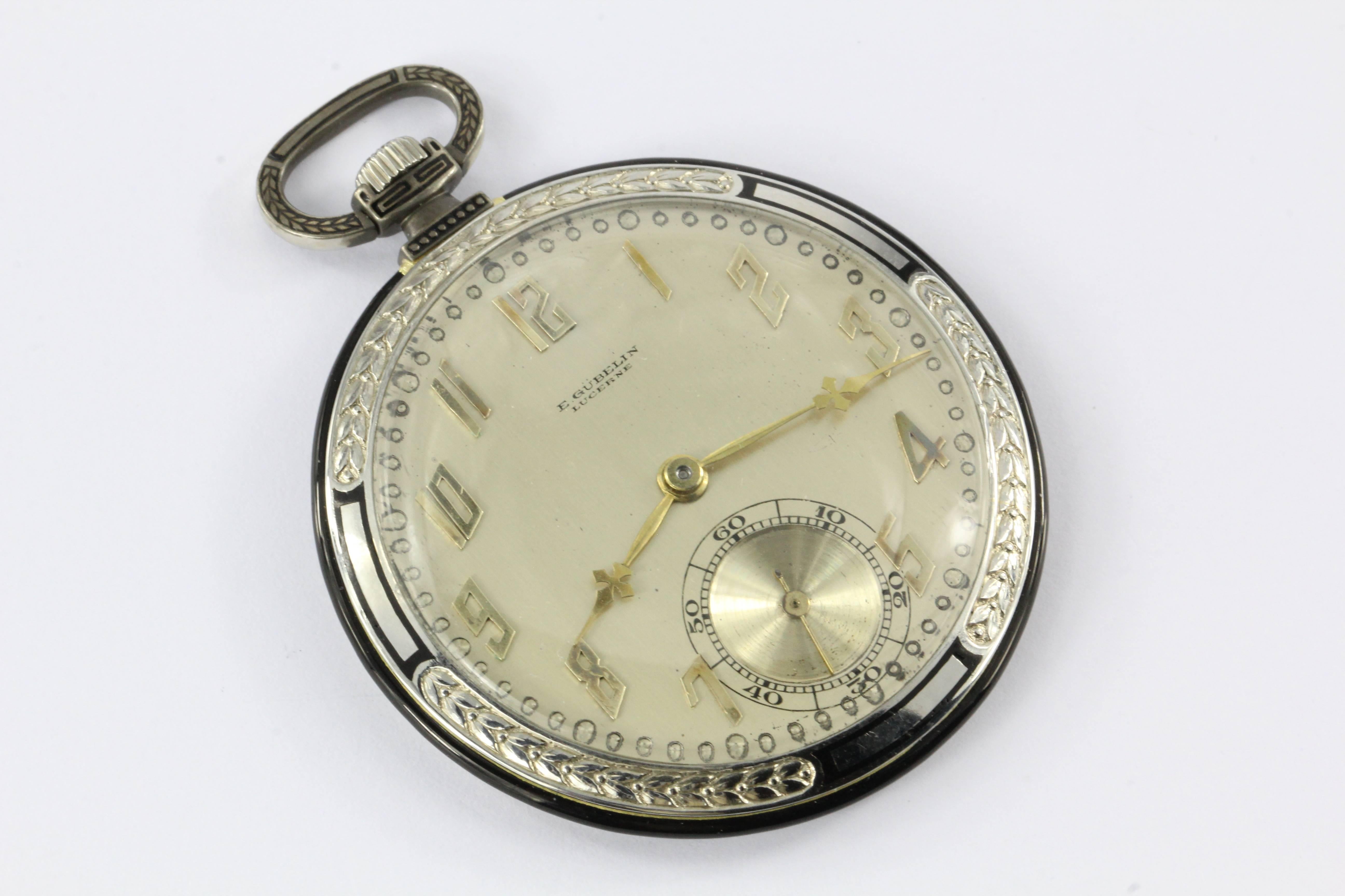Art Deco White Gold Black Enamel Ultra Thin Gubelin Pocket Watch c.1924 In Excellent Condition In Cape May, NJ