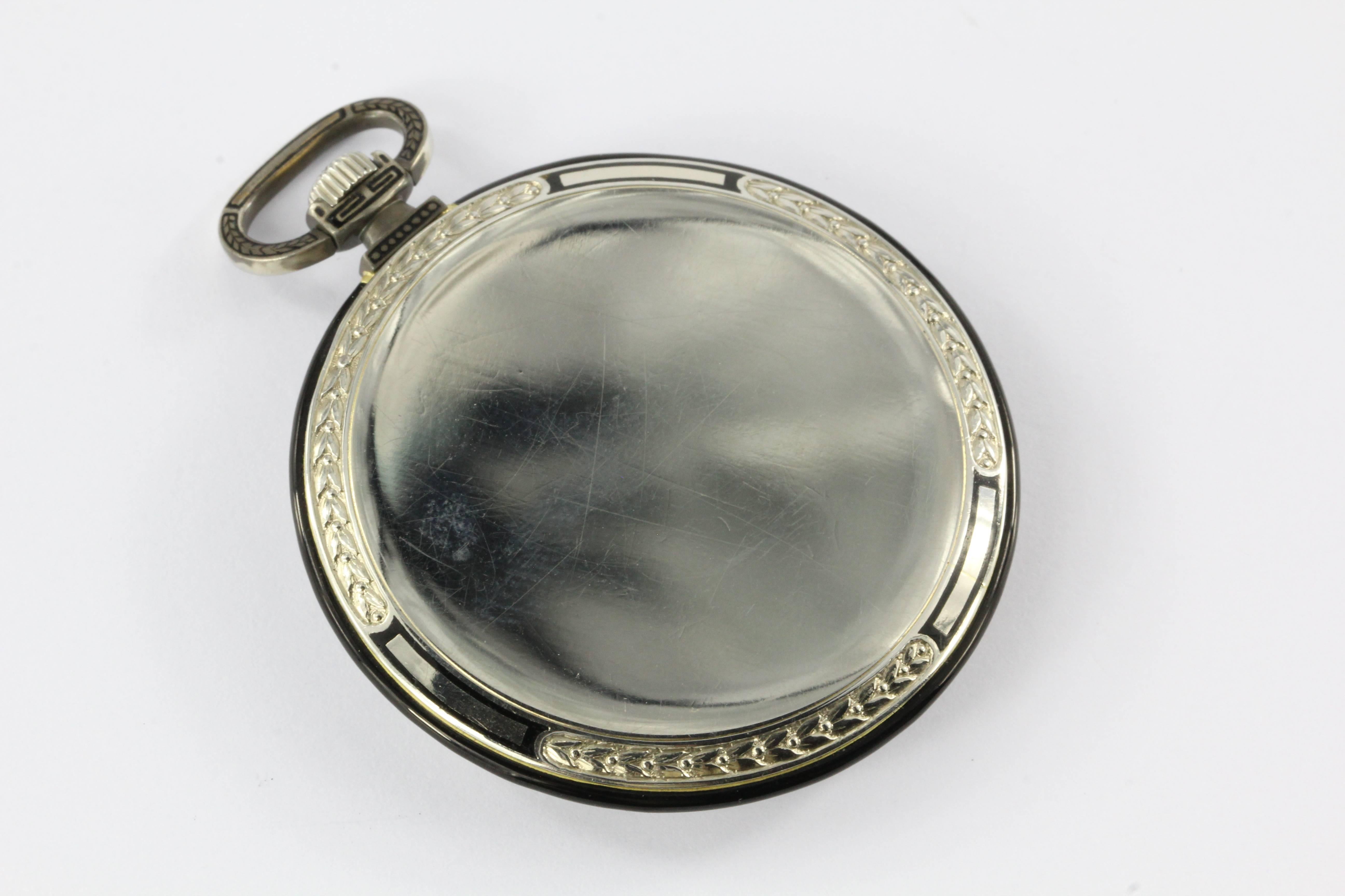 Women's or Men's Art Deco White Gold Black Enamel Ultra Thin Gubelin Pocket Watch c.1924