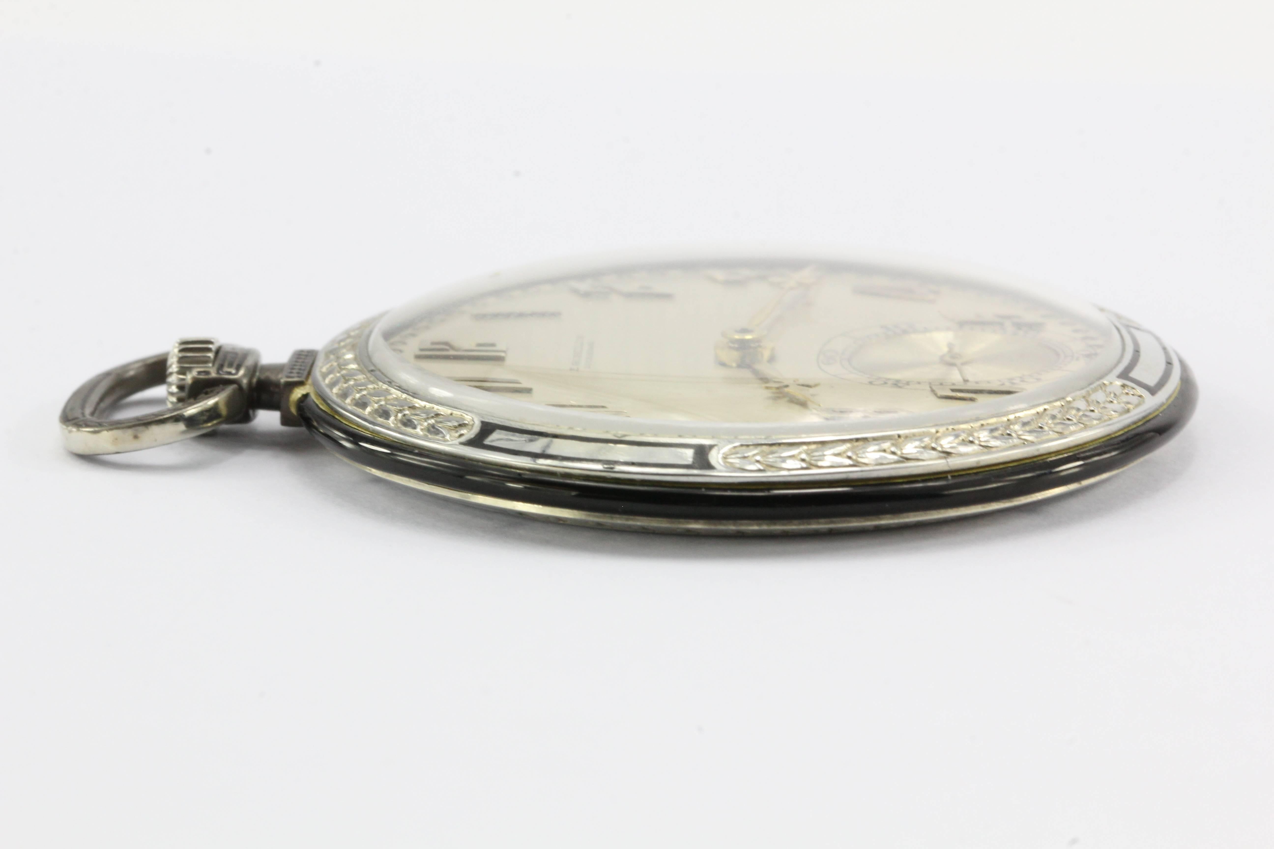 Art Deco White Gold Black Enamel Ultra Thin Gubelin Pocket Watch c.1924 1