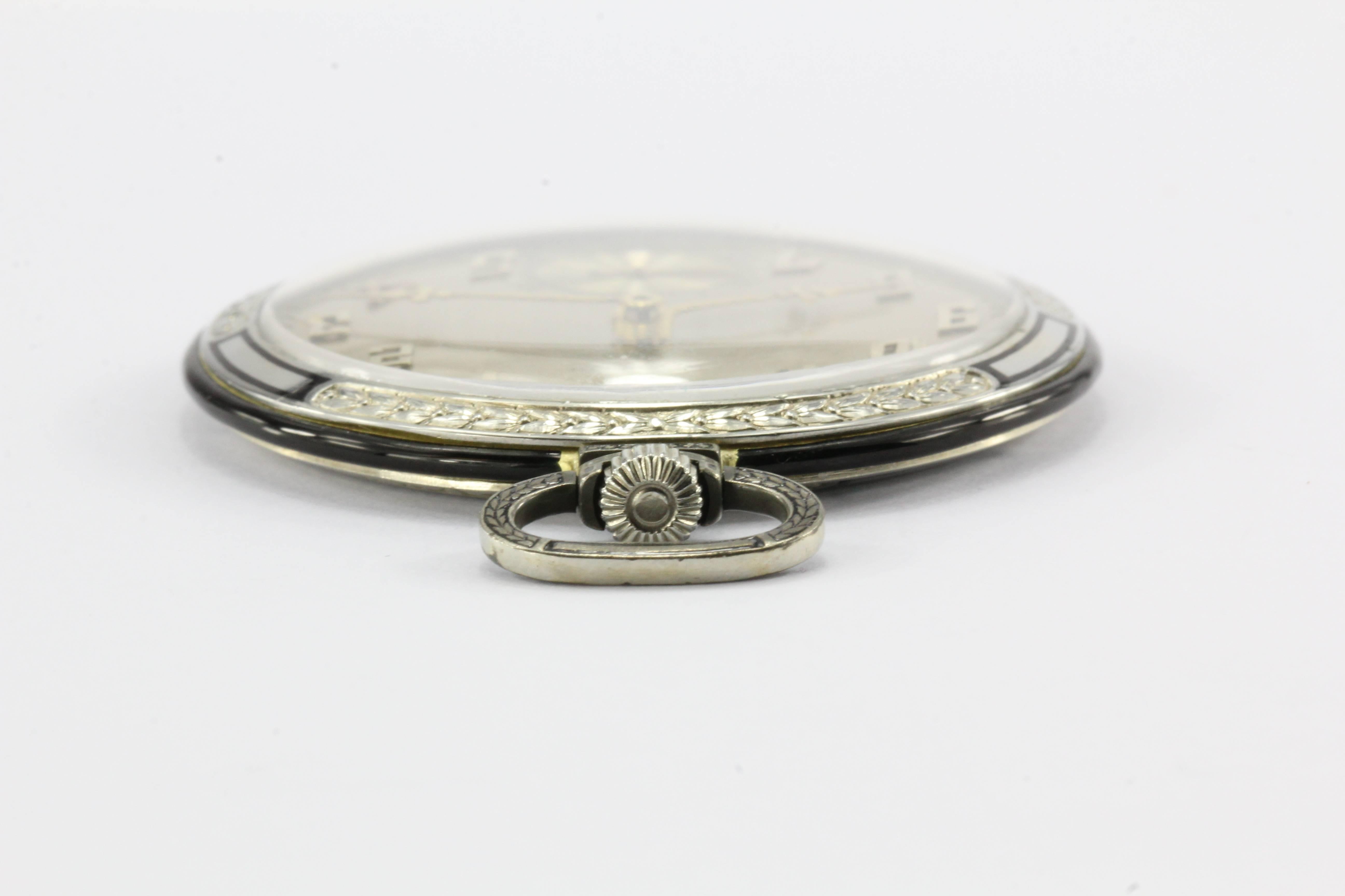 Art Deco White Gold Black Enamel Ultra Thin Gubelin Pocket Watch c.1924 2