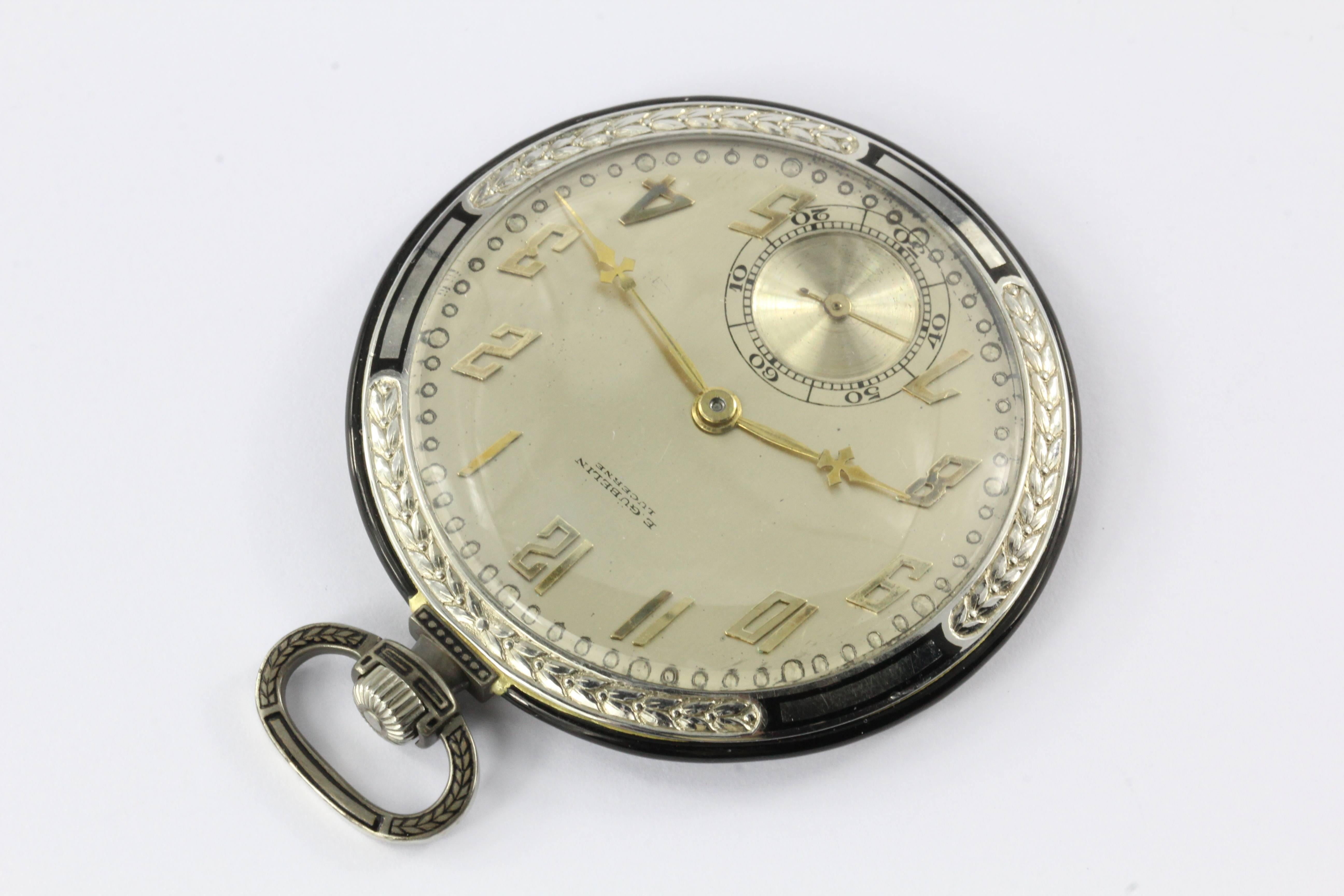 Art Deco White Gold Black Enamel Ultra Thin Gubelin Pocket Watch c.1924 3