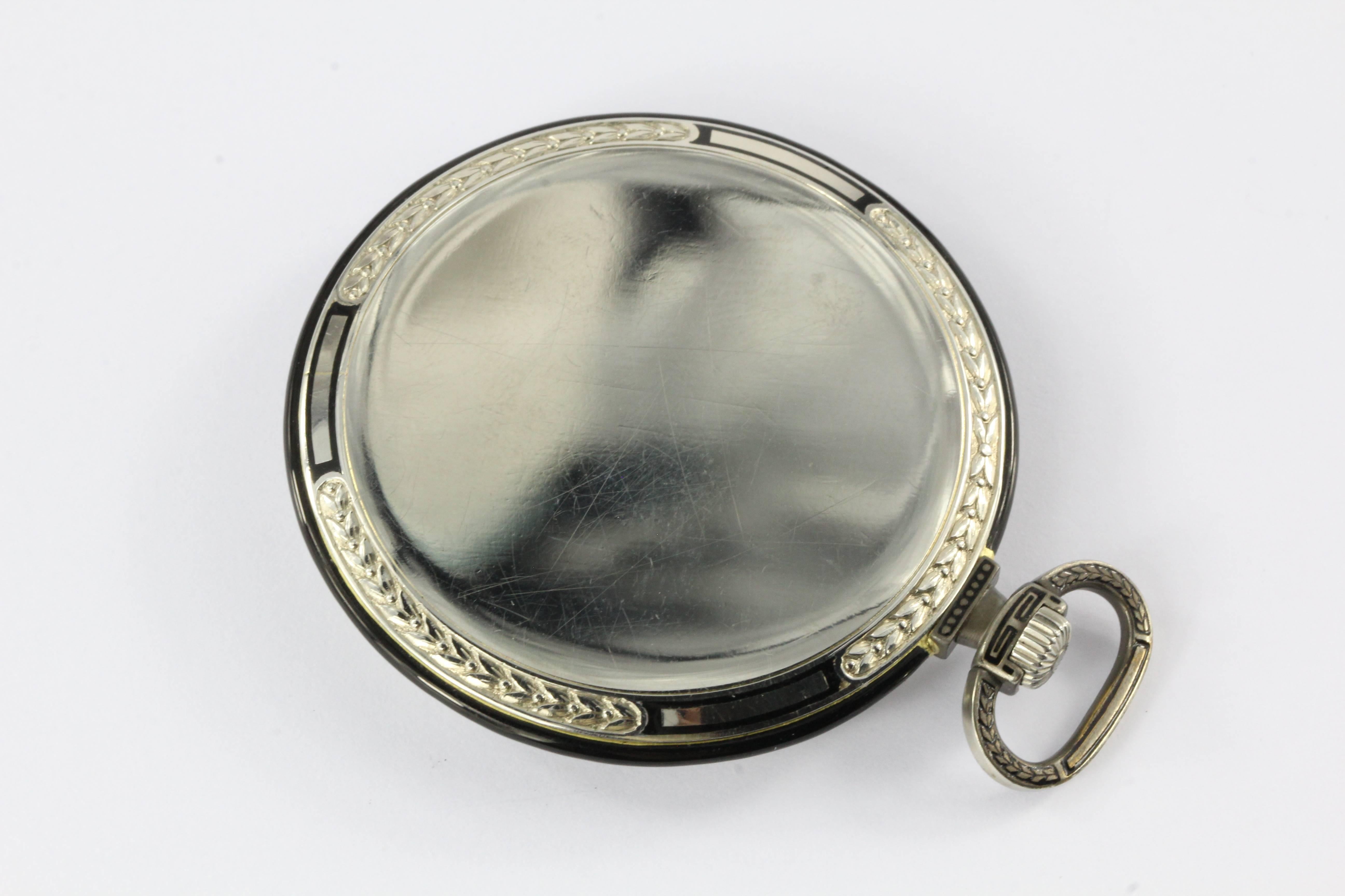 Art Deco White Gold Black Enamel Ultra Thin Gubelin Pocket Watch c.1924 4