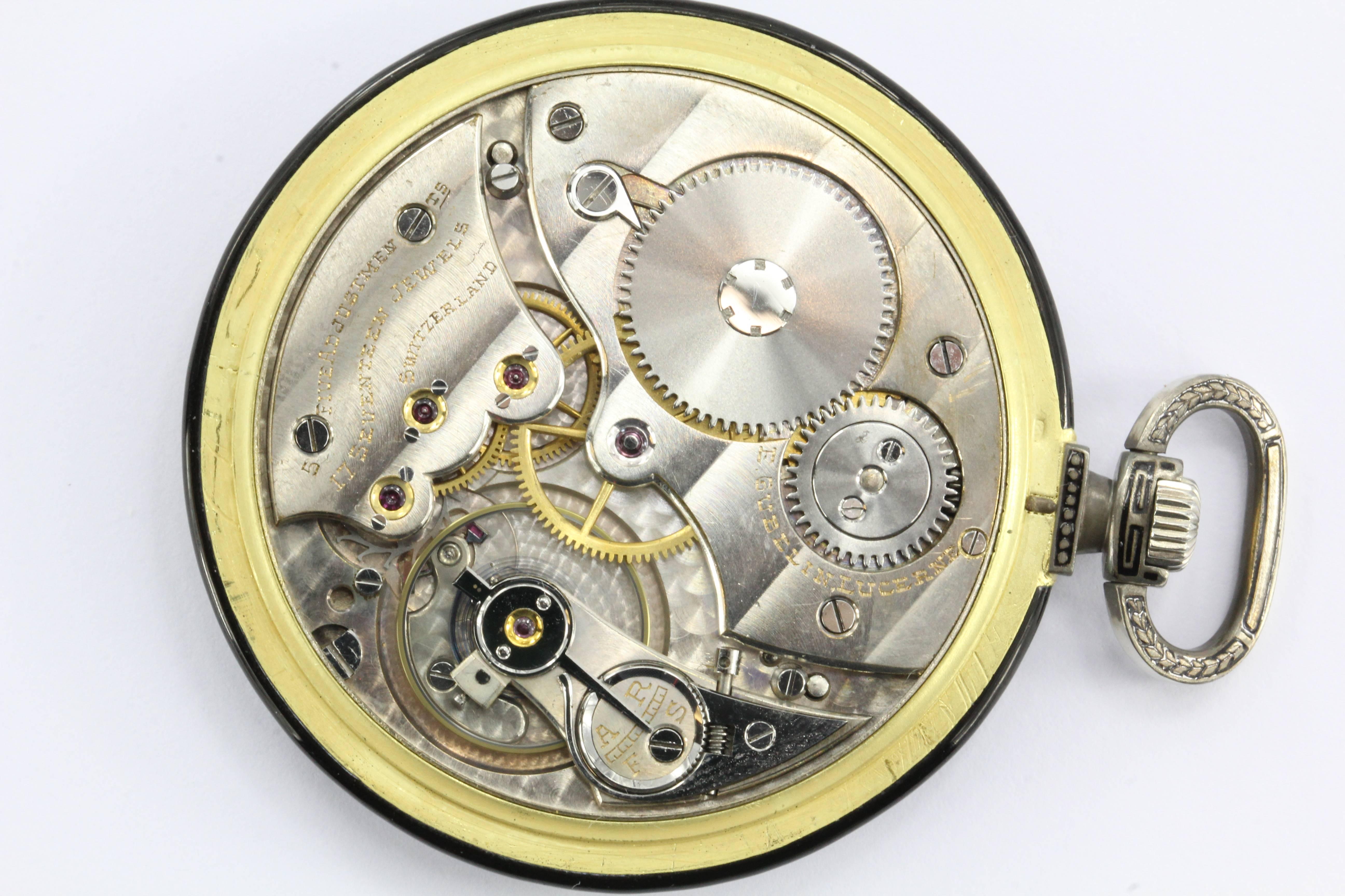 Art Deco White Gold Black Enamel Ultra Thin Gubelin Pocket Watch c.1924 5
