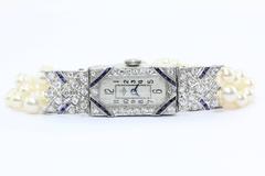 Art Deco Platinum Old European Diamond Sapphire Pearl Pery Swiss Watch c.1930