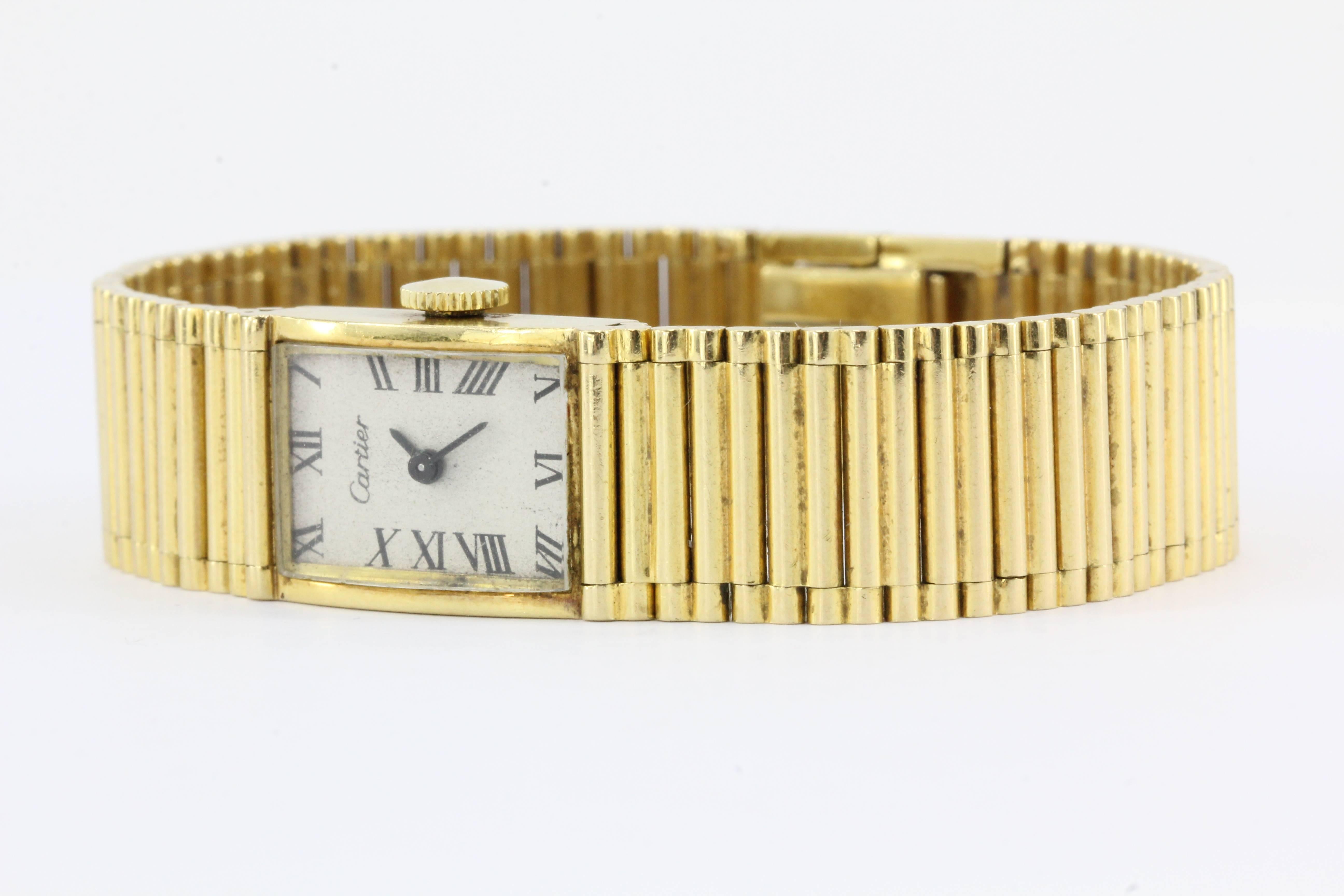 Vintage Cartier 18K Gold Girard Perregaux Tank Watch c.1950's

This Cartier Tank watch is a rare form set entirely in 18k yellow gold. The movement is a 17 jewel Girard Perregaux (a regular Cartier watch movement supplier) mechanical movement from