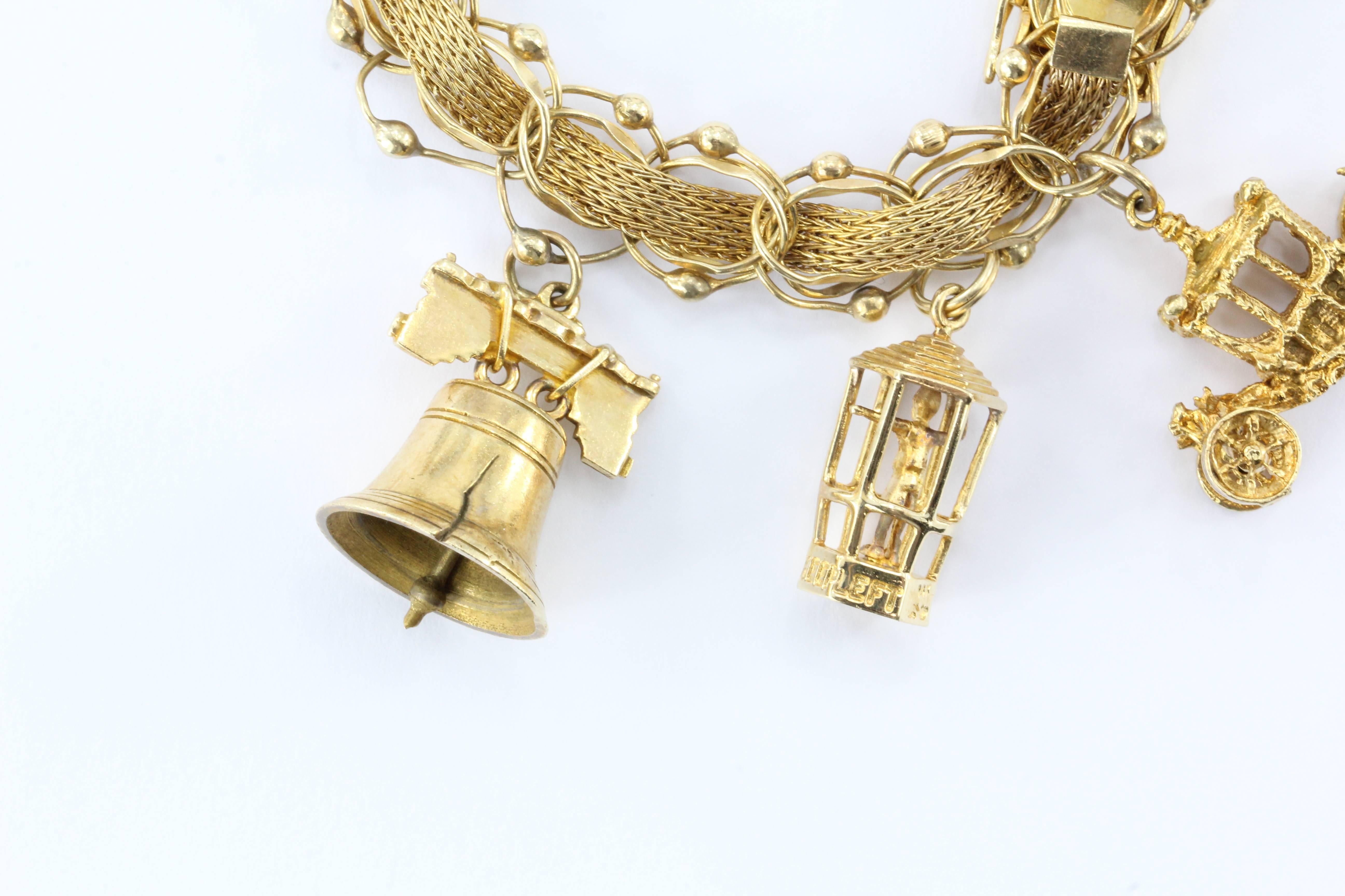 Gold World Traveler Charm Bracelet w/ 9 Charms c.1970 1