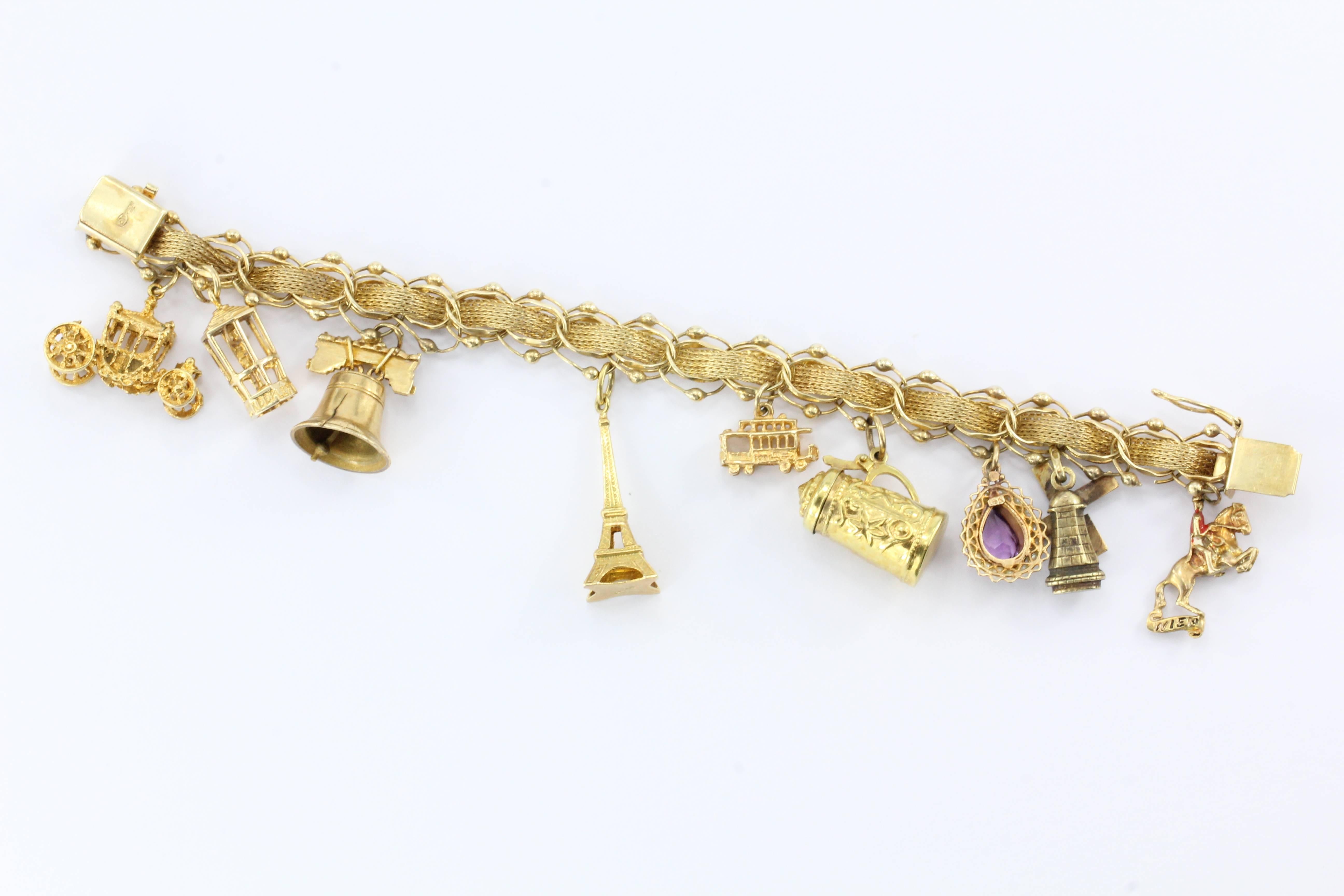 Gold World Traveler Charm Bracelet w/ 9 Charms c.1970 3