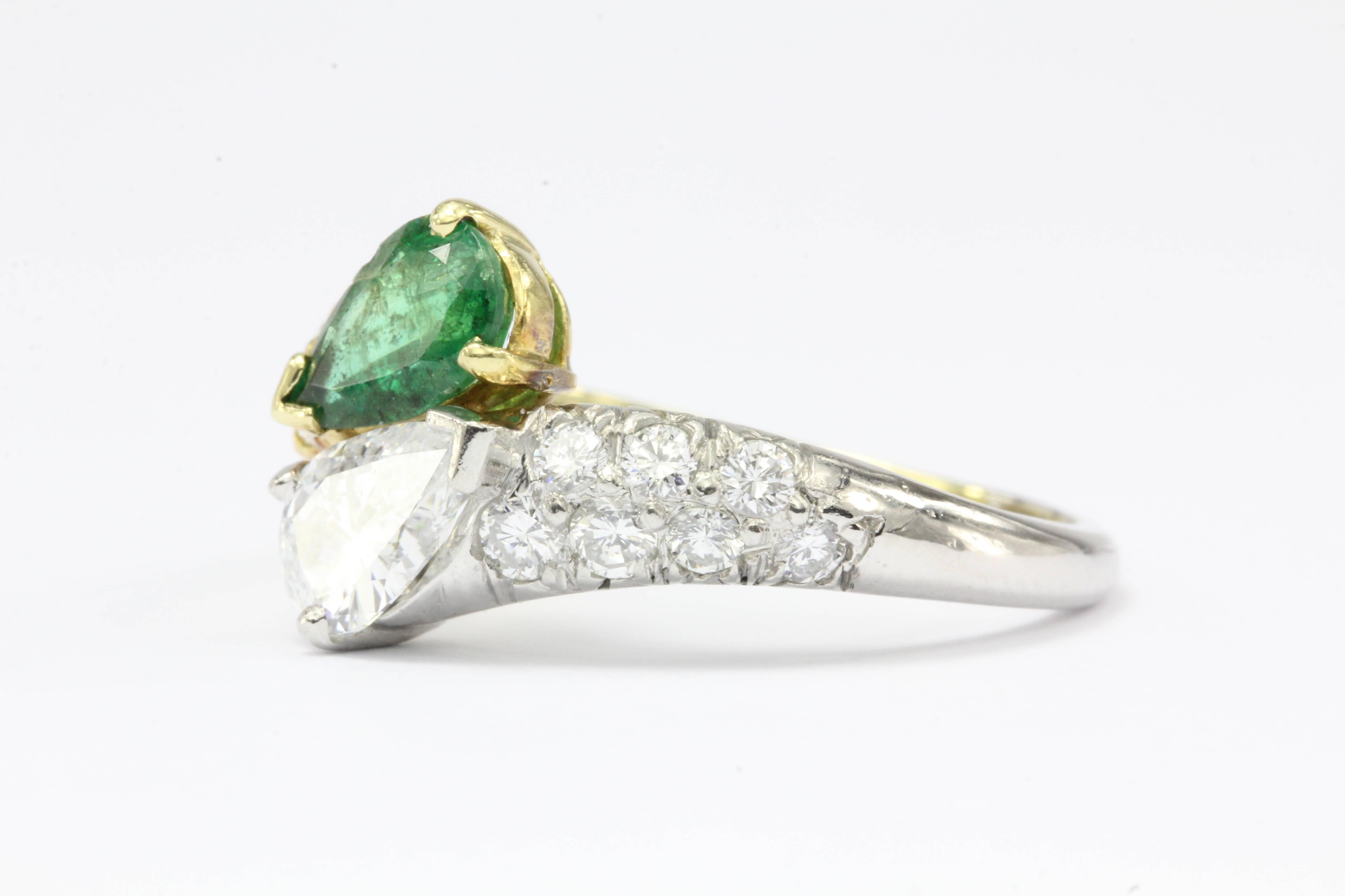 A gemstone studded yin & yang created half in platinum and the other half in 18k yellow gold set with diamonds and emeralds, this ring is the perfect way to celebrate that special bond. The pear cut diamond is approximately .60carats, E/F color,